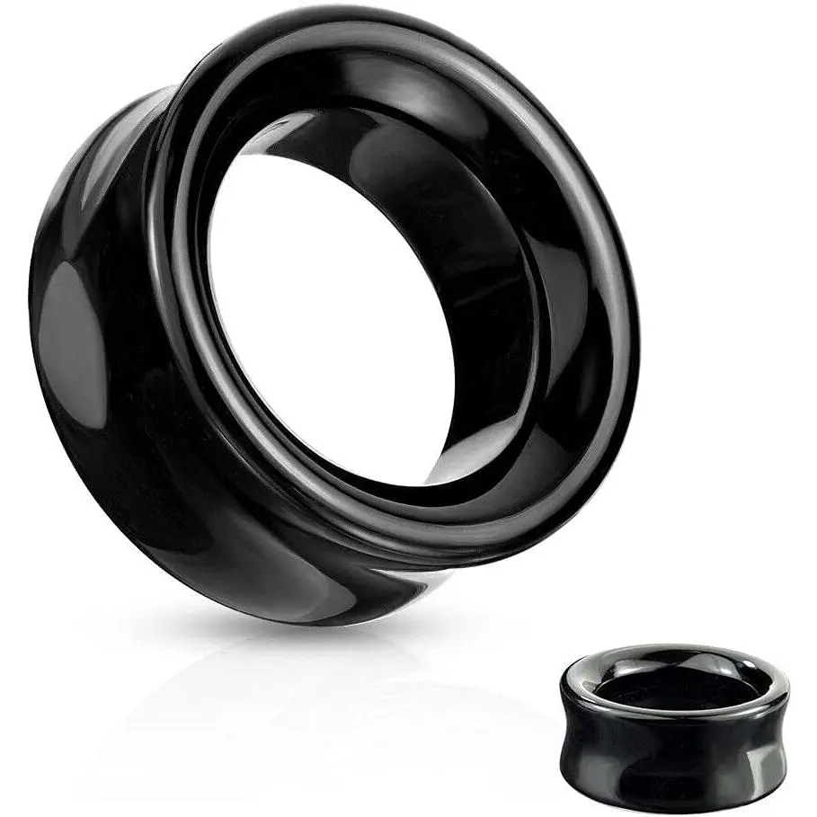Pair of Double Flare Hollow Tunnel Solid Black Stone Obsidian Saddle Ear Plugs E584