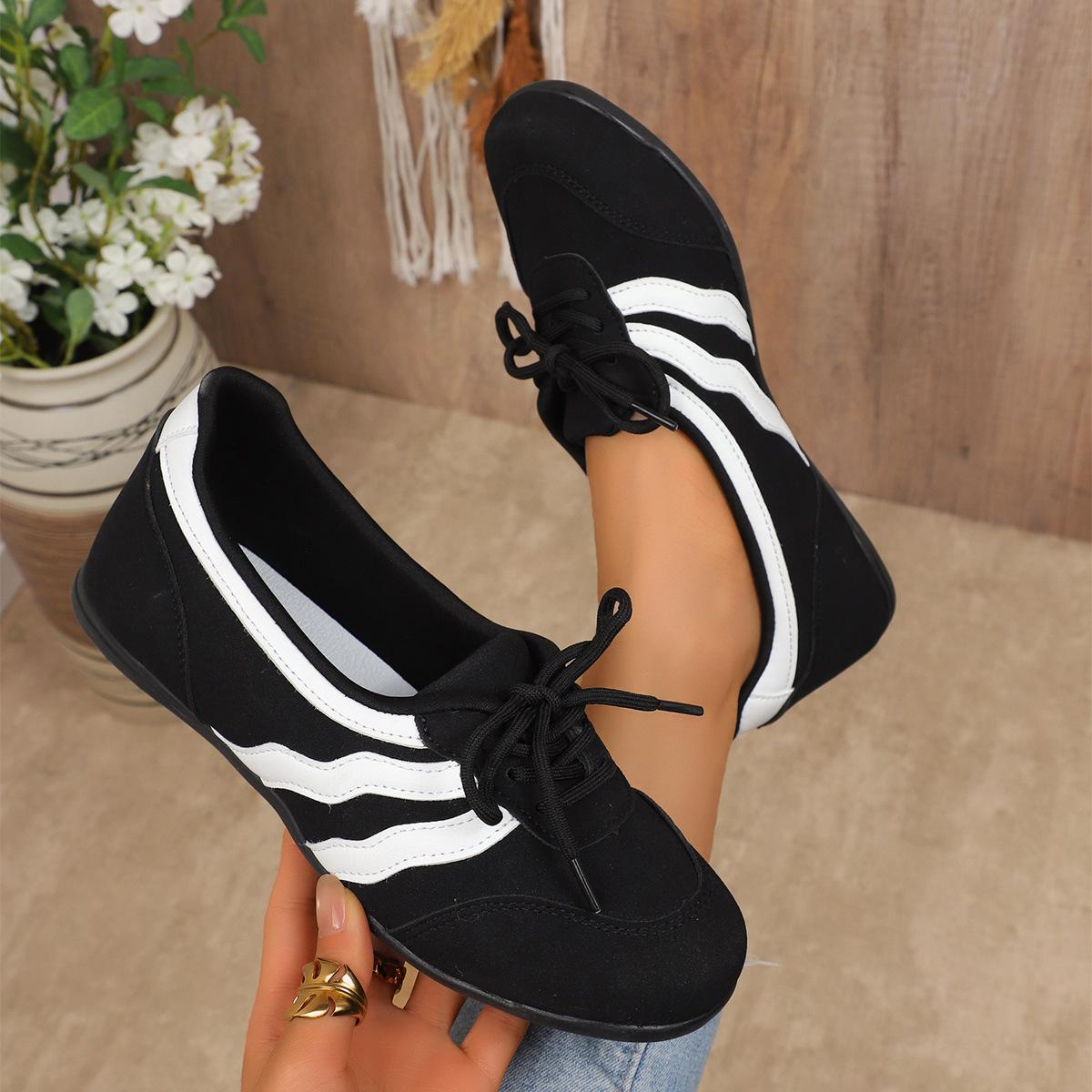Women's Lace Up Casual Trainers Lightweight Breathable Walking Shoes for Travel Outdoor All Year Round Comfortable Wavy Stripe Fashion Flats Stylish Everyday Sneakers for Women
