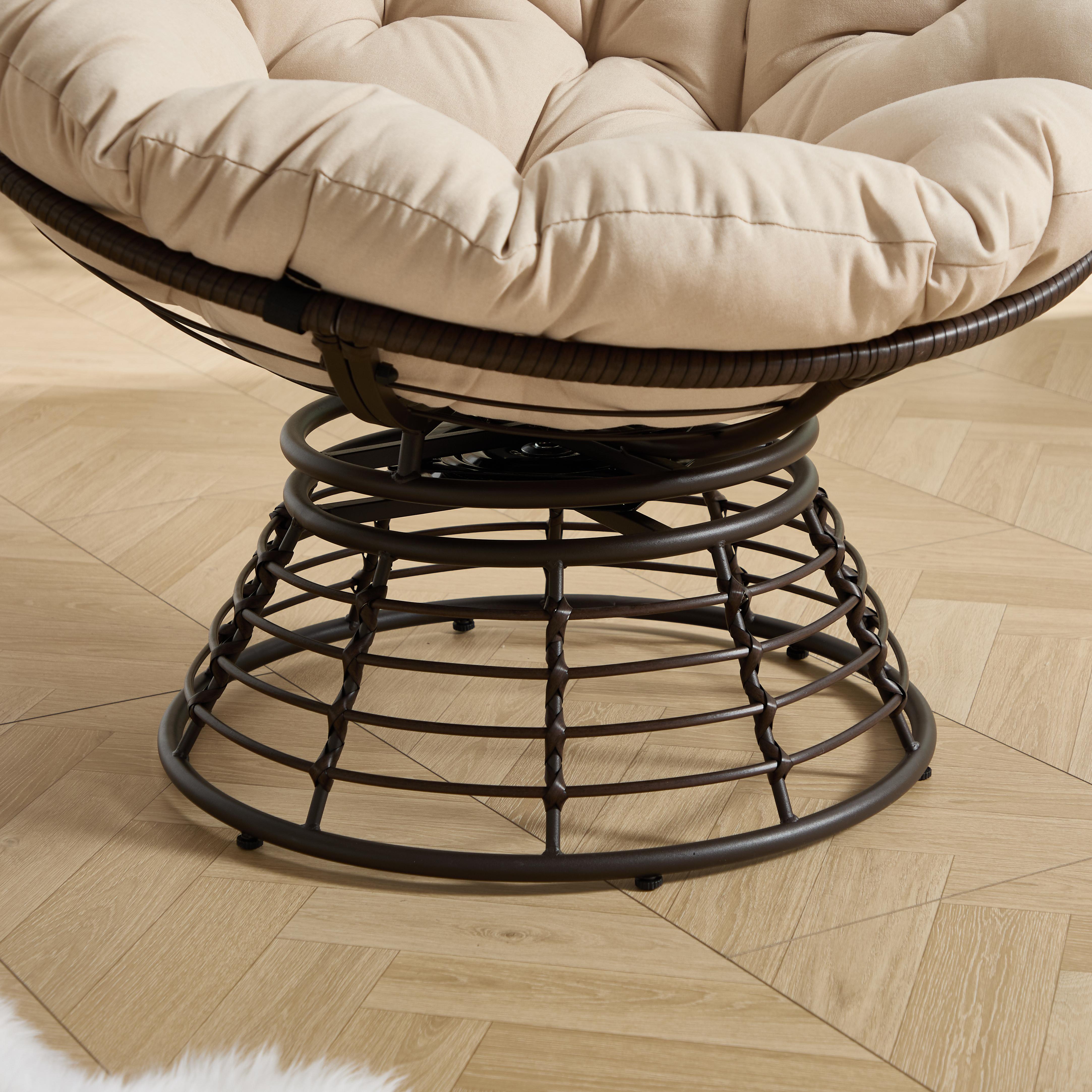 Comfortable Ergonomic Wicker Papasan Chair, 360 °   Swivel Indoor Outdoor Rattan Chair with Soft Thick Cushion, Ideal for Living Room, Bedroom, Reading Room, Brown Frame with Beige Cushion