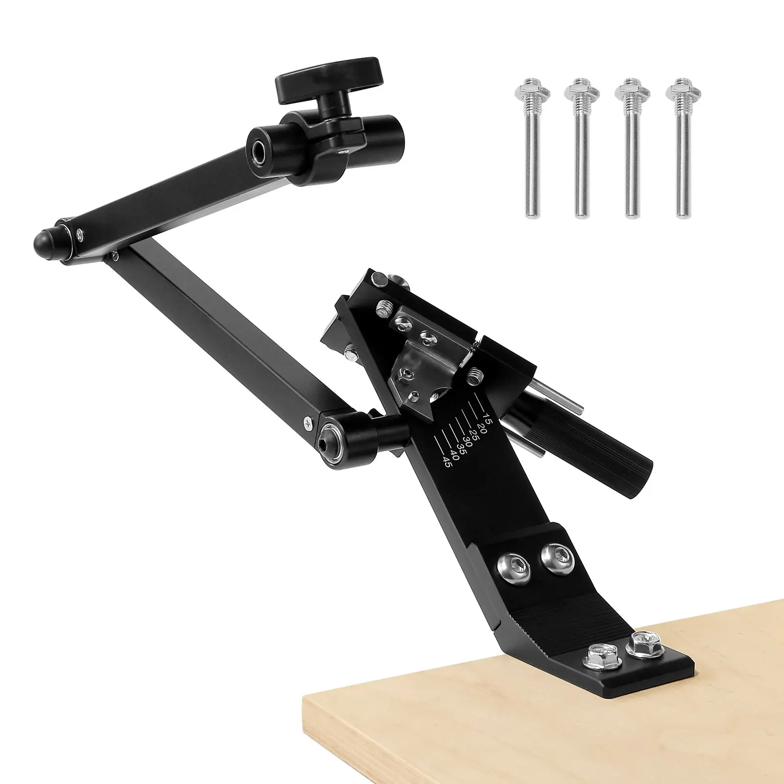 VEVOR Aluminum Alloy Lawn Mower Blade Sharpener, 15°-45° Adjustable Angle Tool with 4 Adapter Pins, Ball Bearing Design, 25mm Enlarged Handle, 2.65 lbs, Stable Operation, Easy Use, Compatible with Most Angle Grinders