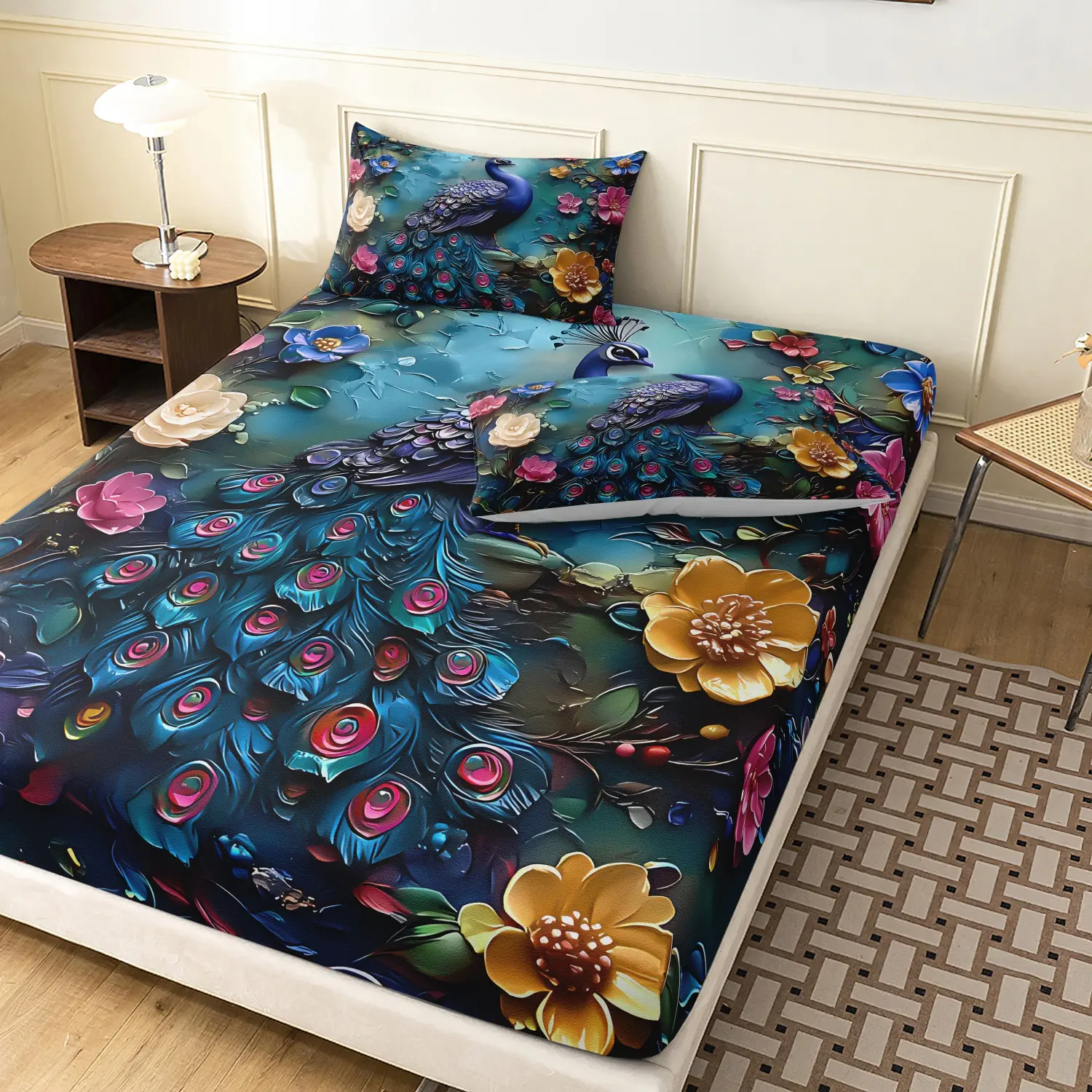  Vibrant Peacock Flower Print Duvet Cover Set, 3 Pieces Dark Teal Iridescent Peacock Tail Floral Tropical Art Pattern Bedding, Machine Washable Soft Breathable Bedding Linen (1 Fitted Sheet + 2 Pillowcases, No Pillow)