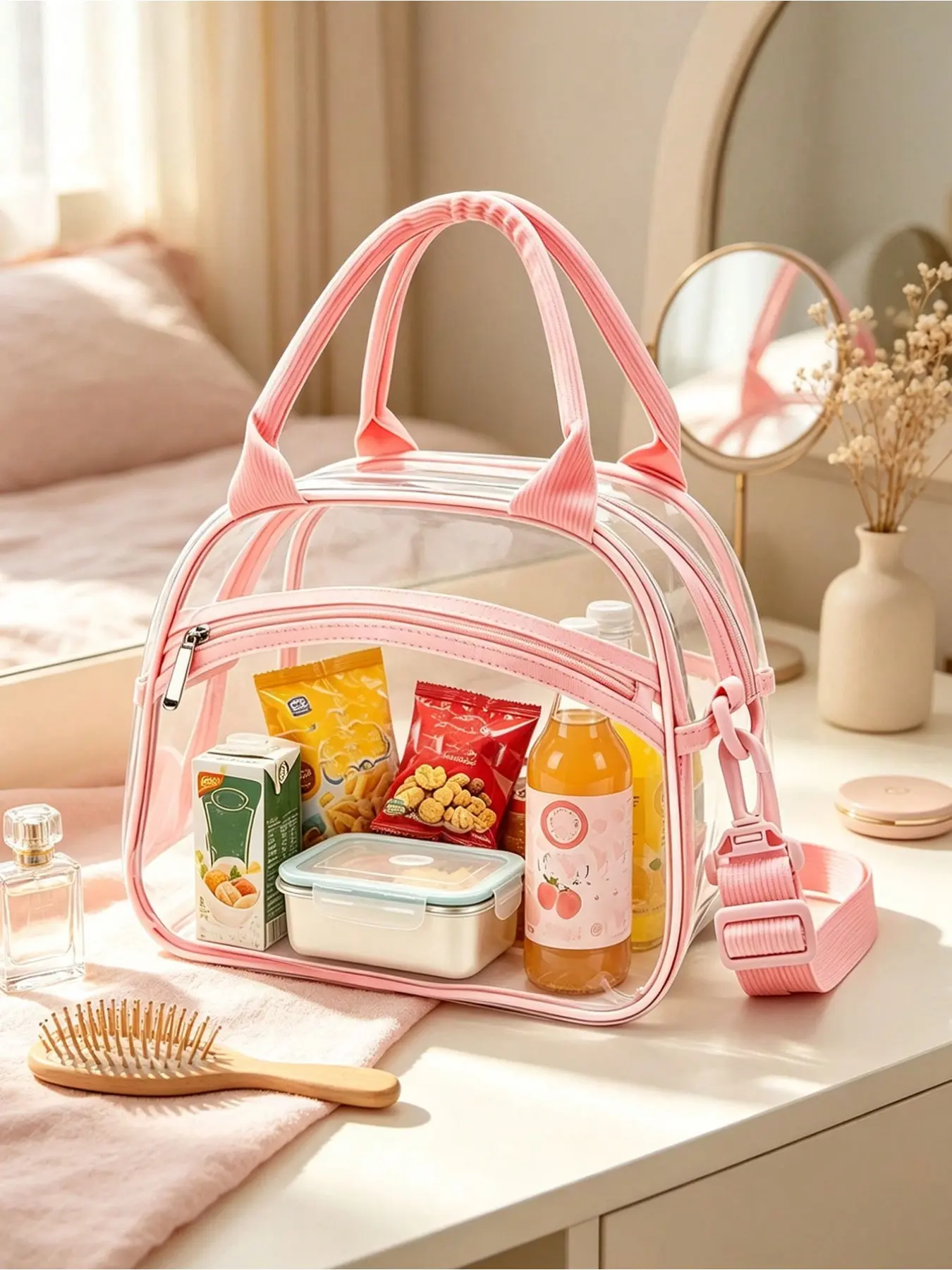 Portable Transparent Lunch Bag, made of PVC, stylish and handy lunch box bag, large-capacity lunch bag, perfect for office workers and students, multifunctional travel storage bag, suitable for all seasons, reusable transparent snack storage tote ...