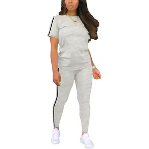 Women's 2 Piece Outfits Sweatsuit Summer Workout Striped Short Sleeve Long Sweatpants Casual Jogging Lounge Set