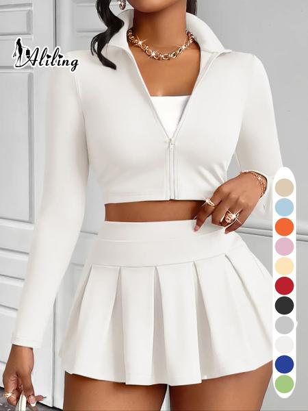 Aliling Casual Women's Two-Piece Set, Spring & Fall Long Sleeve Zipper Crop Top, High Waist Short Pleated Skirt, Slim-Fitting Crop Top and Skirt