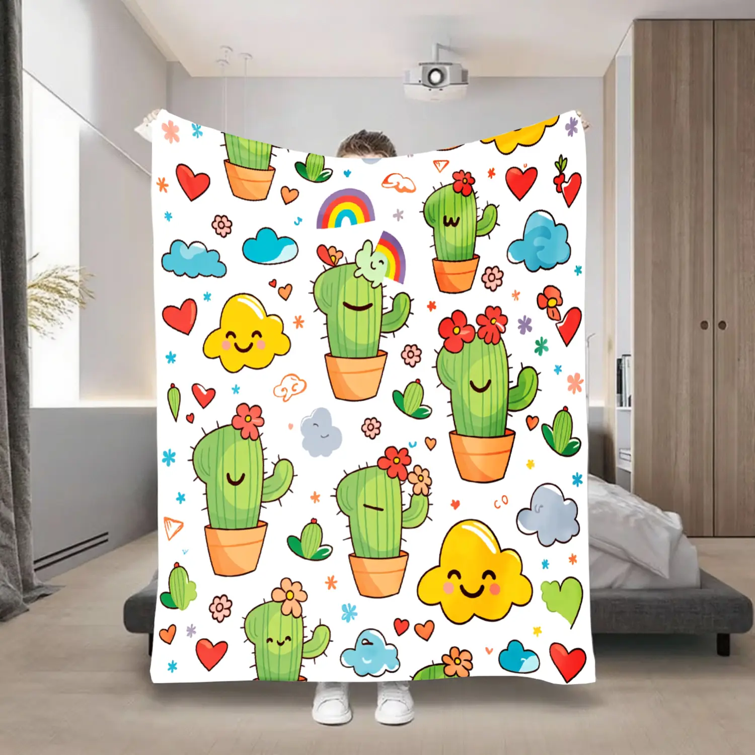 Cozy Cactus Blanket - 1-Piece Breathable Softness Flannel Bedspread with Cactus Motifs, Neutral Tones Contemporary Style for Bed Sofa Living, Home Interiors Essential