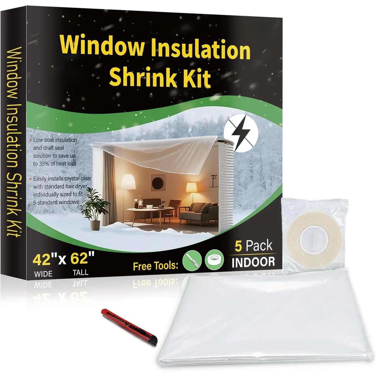 Window Insulation Kit for Winter,Plastic Shrink Film &  Tape, Indoor Thermal Seal to Block Drafts, Cold Air for Windows and Patio Doors,5-Pack(42"W x 62"T)
