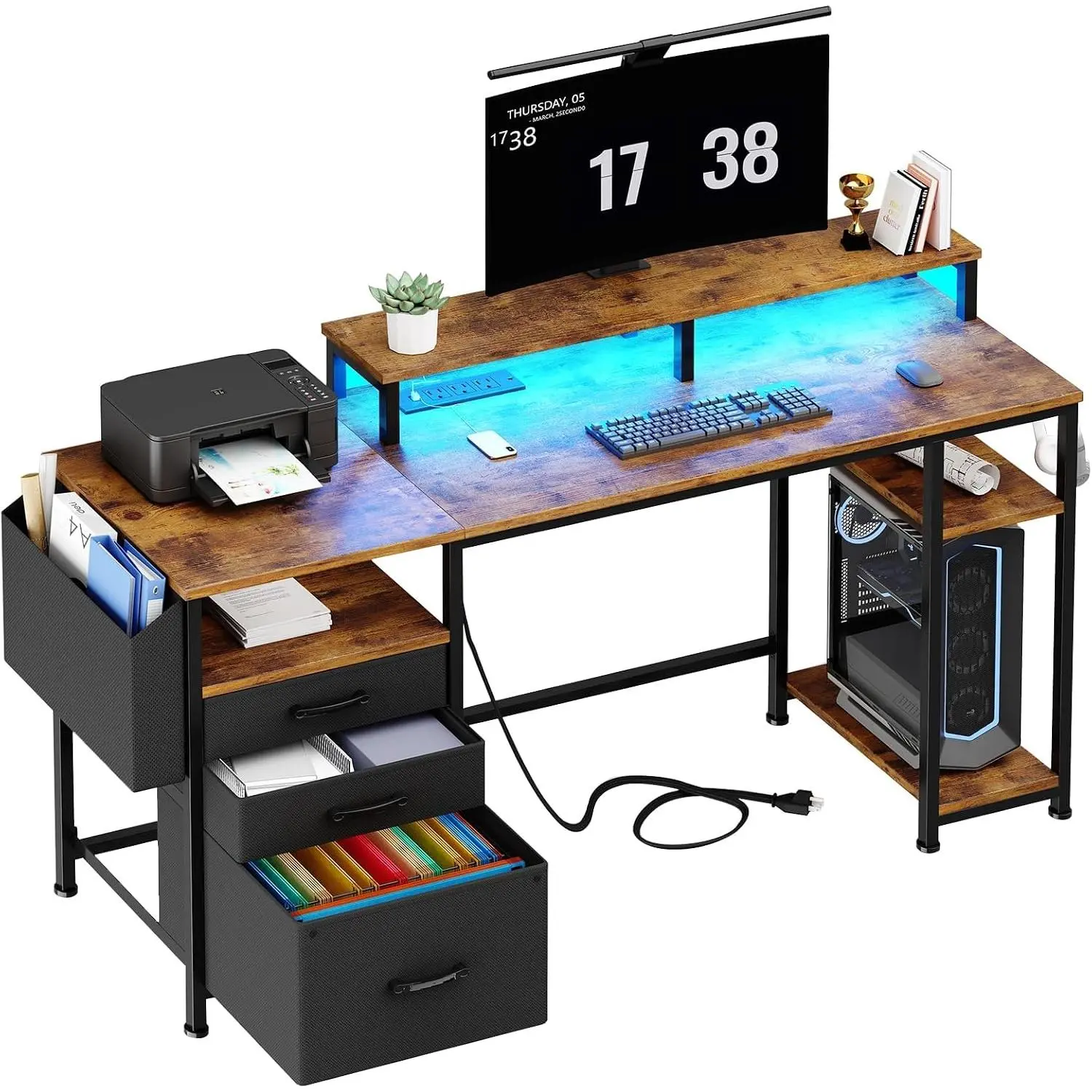Gaming Desks with Led Lights and Power Outlets, 55 Inch Study Writing  Desk with Fabric File Drawers Cabinet for Bedroom,  Office Desk with Shelves  Stand, Rustic Brown