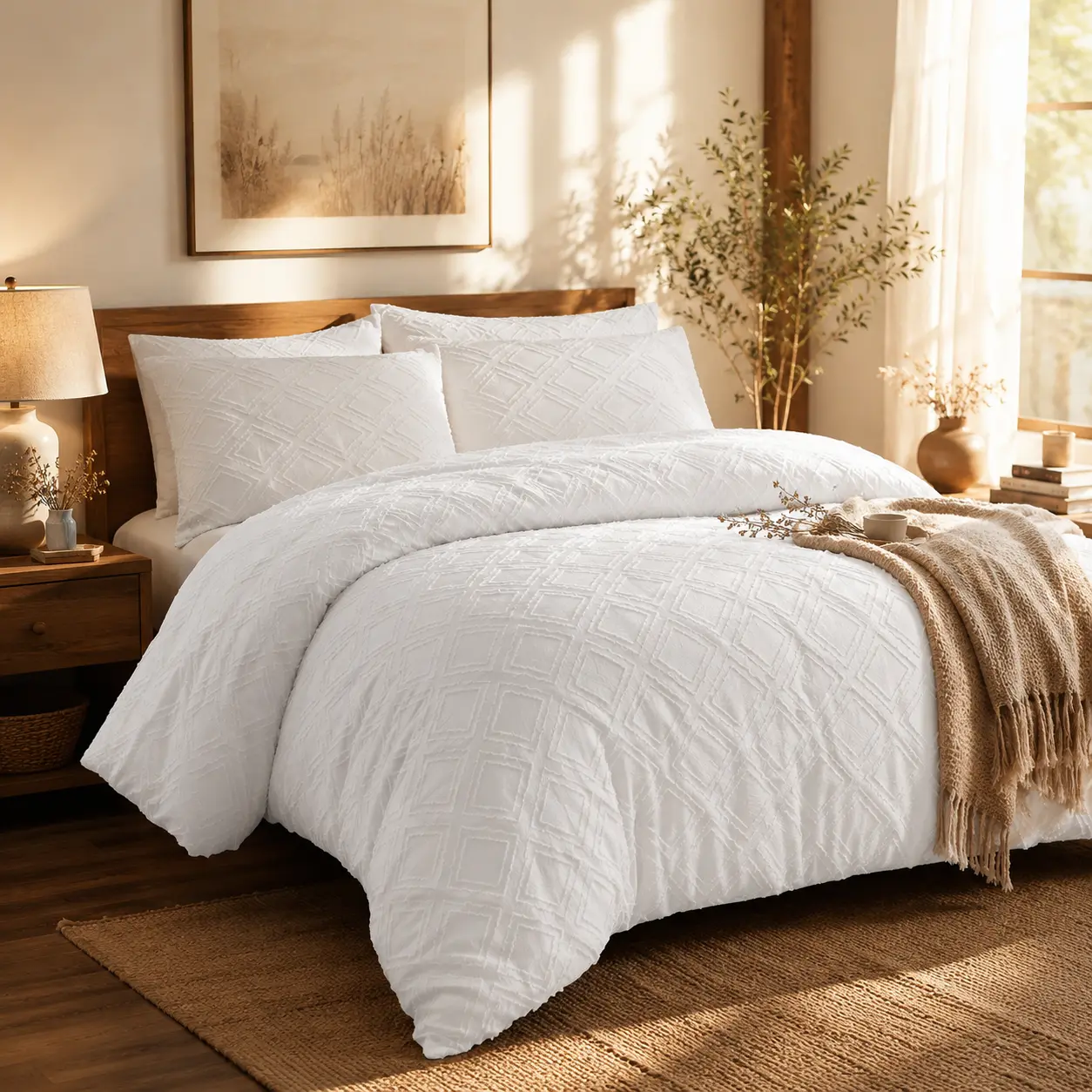 Textured White Duvet Cover Set 3 Piece, Soft Minimalist Bedding Set for Cozy Bedroom Decor