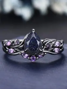 Elegant Teardrop Artificial Crystal Ring, Gun Starry Teardrop Gemstone Wedding Band, Diamond Jewelry, Perfect Birthday Gift
