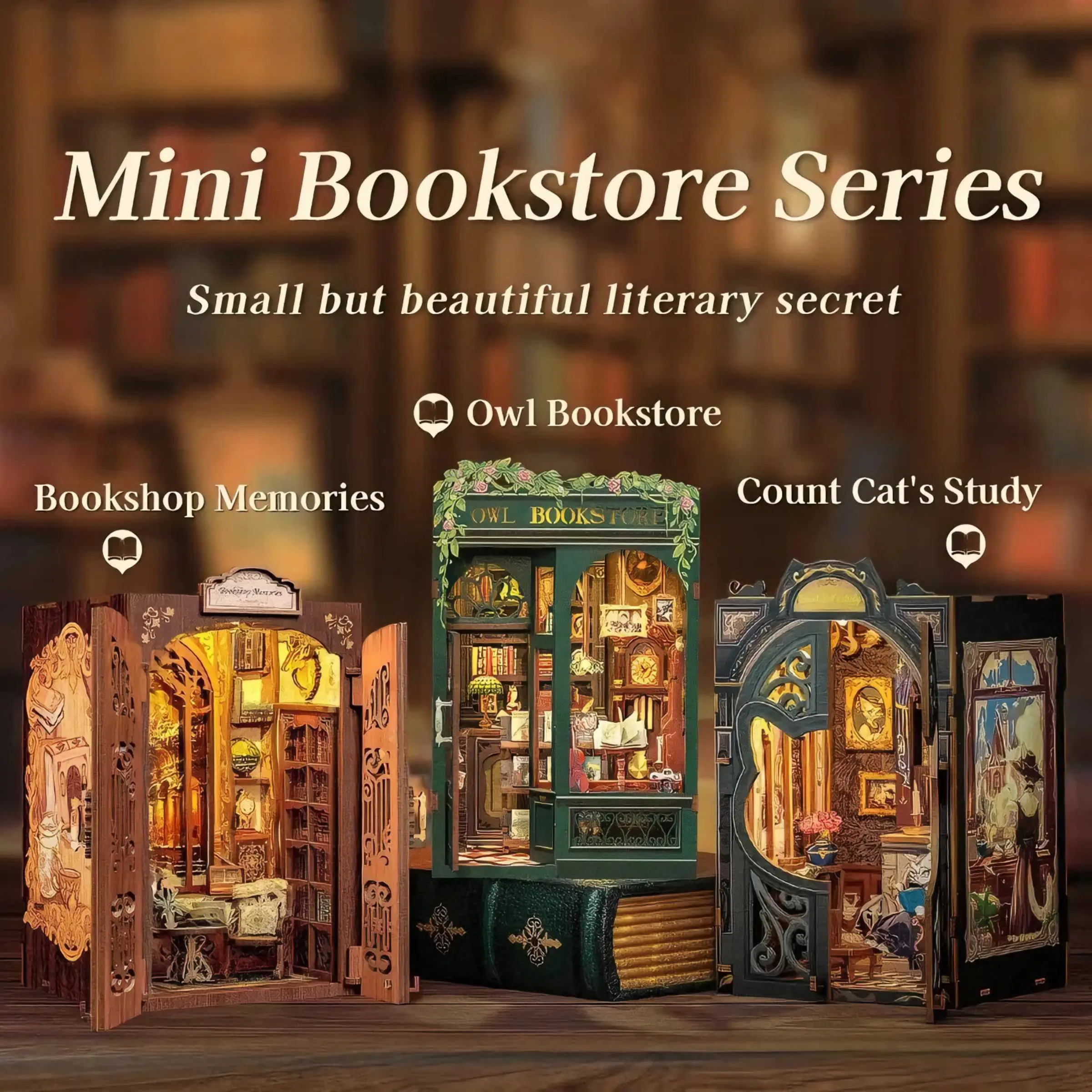 DIY Book Nook Bookshop Kit Miniature Figurines Wooden Dollhouse with Light Bookshelf Insert 3D Puzzle Decor Gift Owl Bookstore