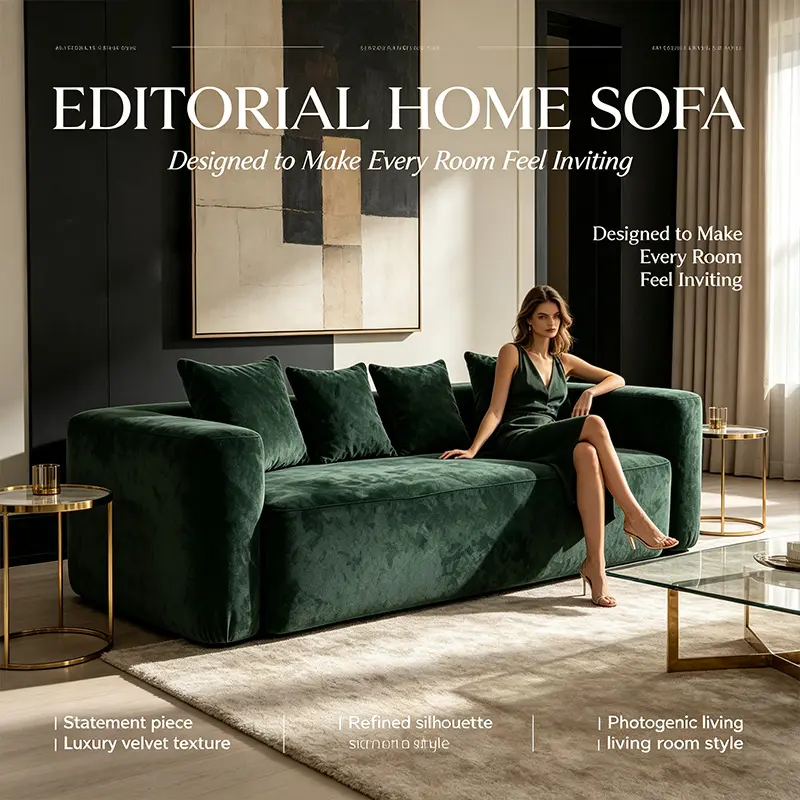 Frameless Dark Green Velvet-Suede Square Sofa - 3-4 Persons Seat, Fixed Arms, Frameless Mod Design, Cloud-Shaped Compressed Cushion, Modern Indoor Living Room Furniture