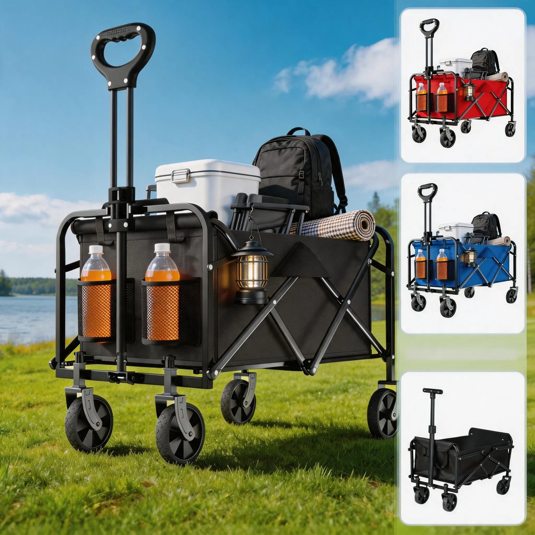 Collapsible Wagon Cart, 450/330/220LBS Heavy Duty Folding Utility Wagon with Cup Holders, All-Terrain Wheels Portable Foldable Shopping Cart for Camping Beach Garden Grocery