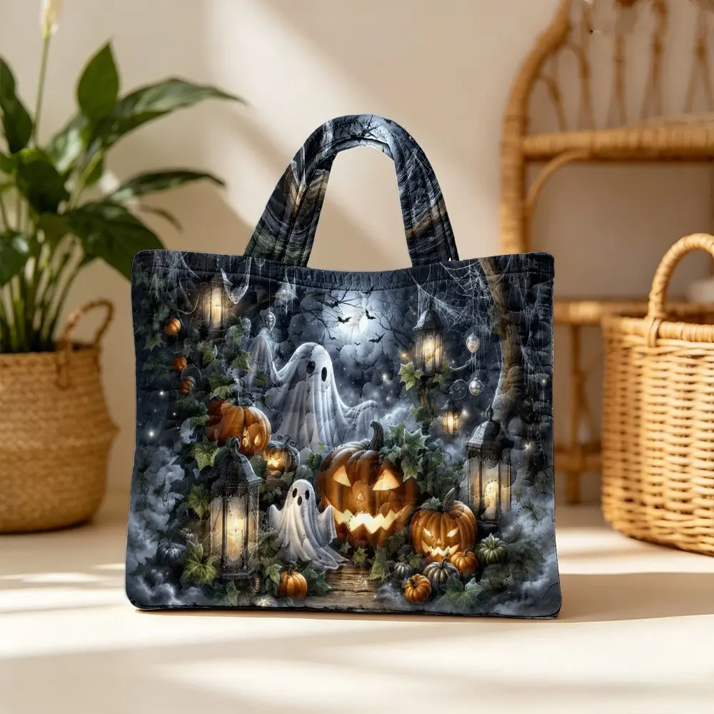 Ghost Pumpkin Carryall Tote Bag, Vintage Gothic Lantern Print, Reusable Shoulder Handbag, Halloween Shopping, Travel, Daily Use, Women and Teens