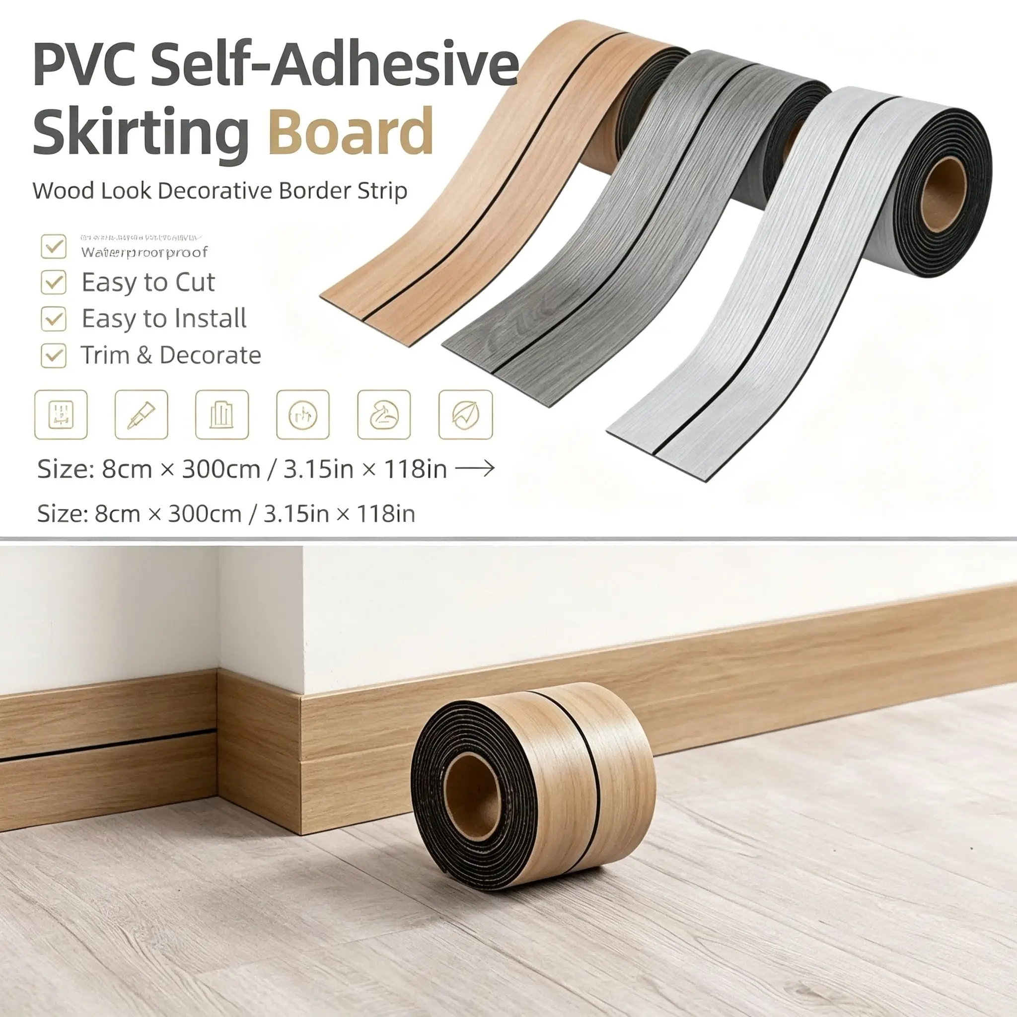 1 Roll PVC Self-adhesive Skirting Board, Imitation Wood Grain Decorative Strip, 3.15in\*118in, Flexible Cuttable Decor Molding, Waterproof Wall Line, Door Frame Edge Trim for Living Room Bedroom Home Renovation