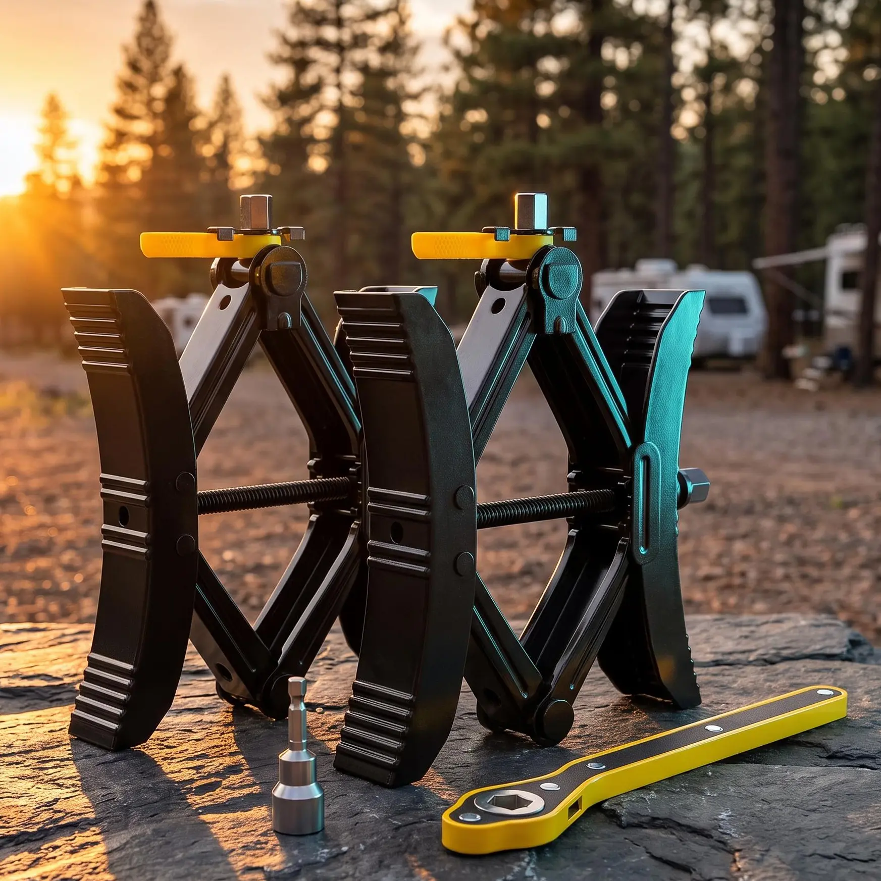 Camper Wheel Chock Stabilizer 2 Sets, RV Wheel Chock X Locking for Travel Trailers, Heavy Duty Tire Chocks Accessories with Wrench, Hex Socket, Drill Bit, Suit for 3" to 12.5"