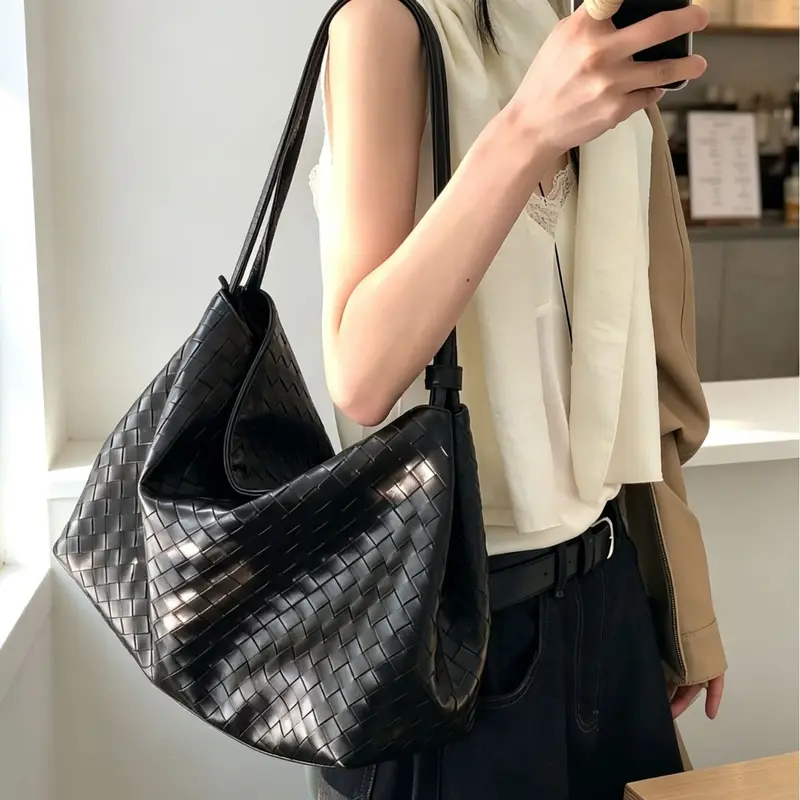 Women's Woven PU Hobo Tote Bag with Long Shoulder Strap and Zippered Interior Pouch