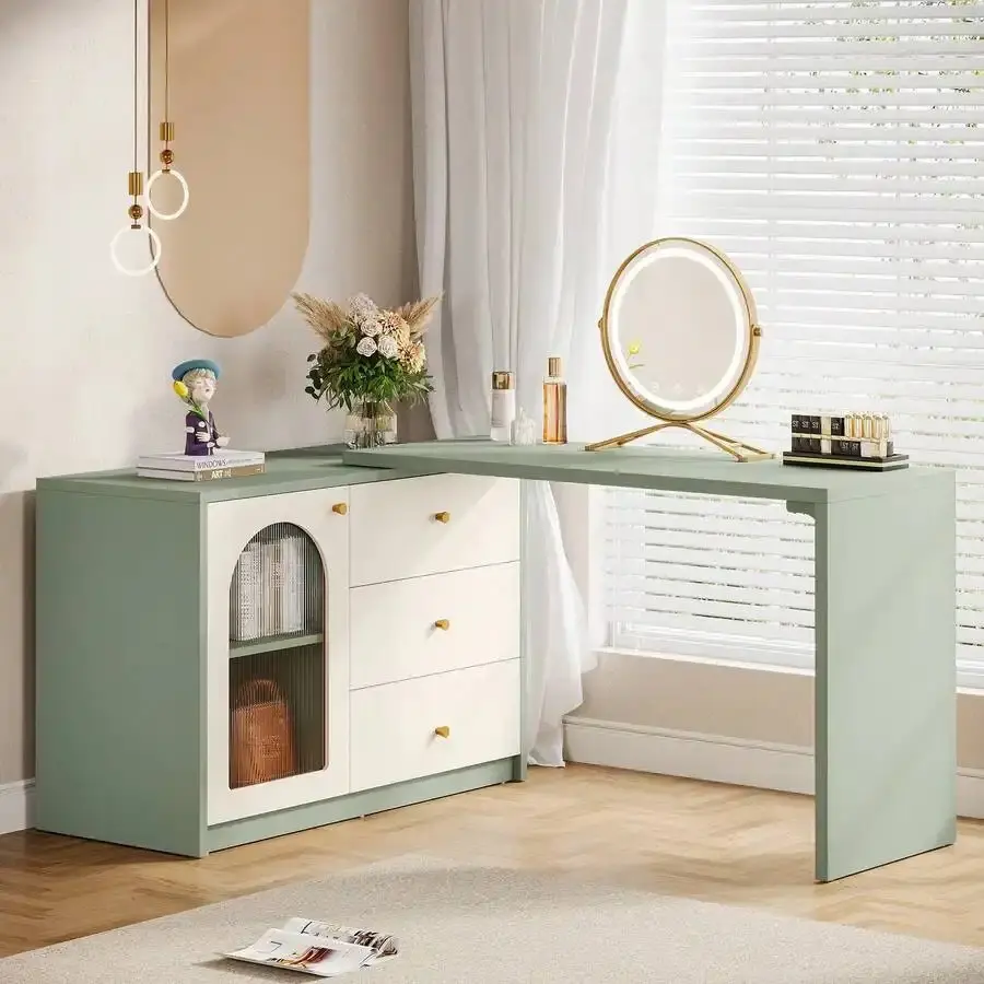 Modern  Vanity With 3 Drawers And Cabinet, Retractable Large  Corner Dressing Table For Bedroom, Living Room makeup