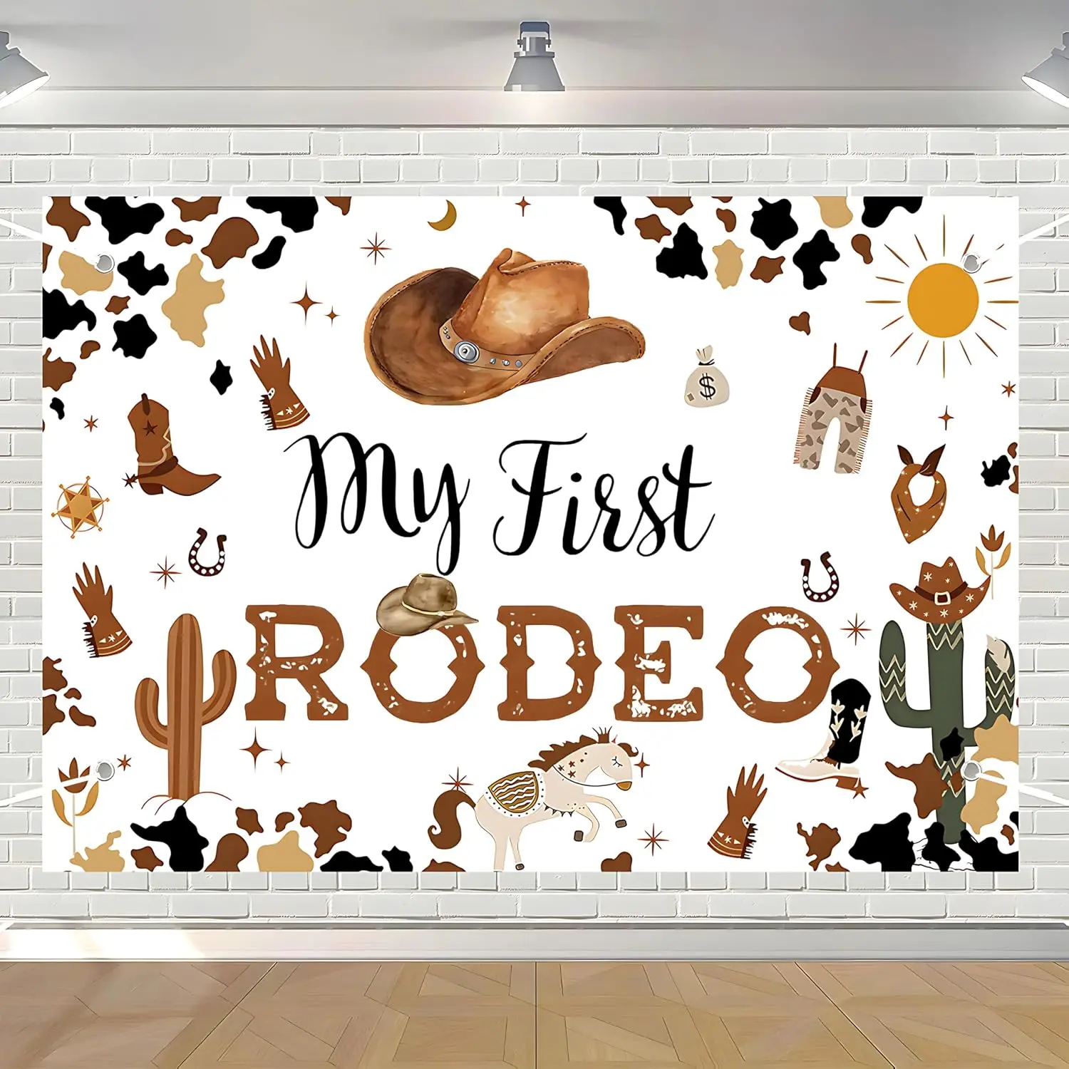 Birthday Banner Western Cowboy Birthday Backdrop 5*3ft |   Western cowboy design for boy's 1st rodeo party. Backdrop banner & decorations. Great for photo background & party supplies.