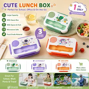Personalized Lunch Box, Portable Bento Box, Cute Cartoon Student Lunch Box, Microwave Safe, Includes Sauce Container and Utensils, Dinosaur, Unicorn, Astronaut Designs