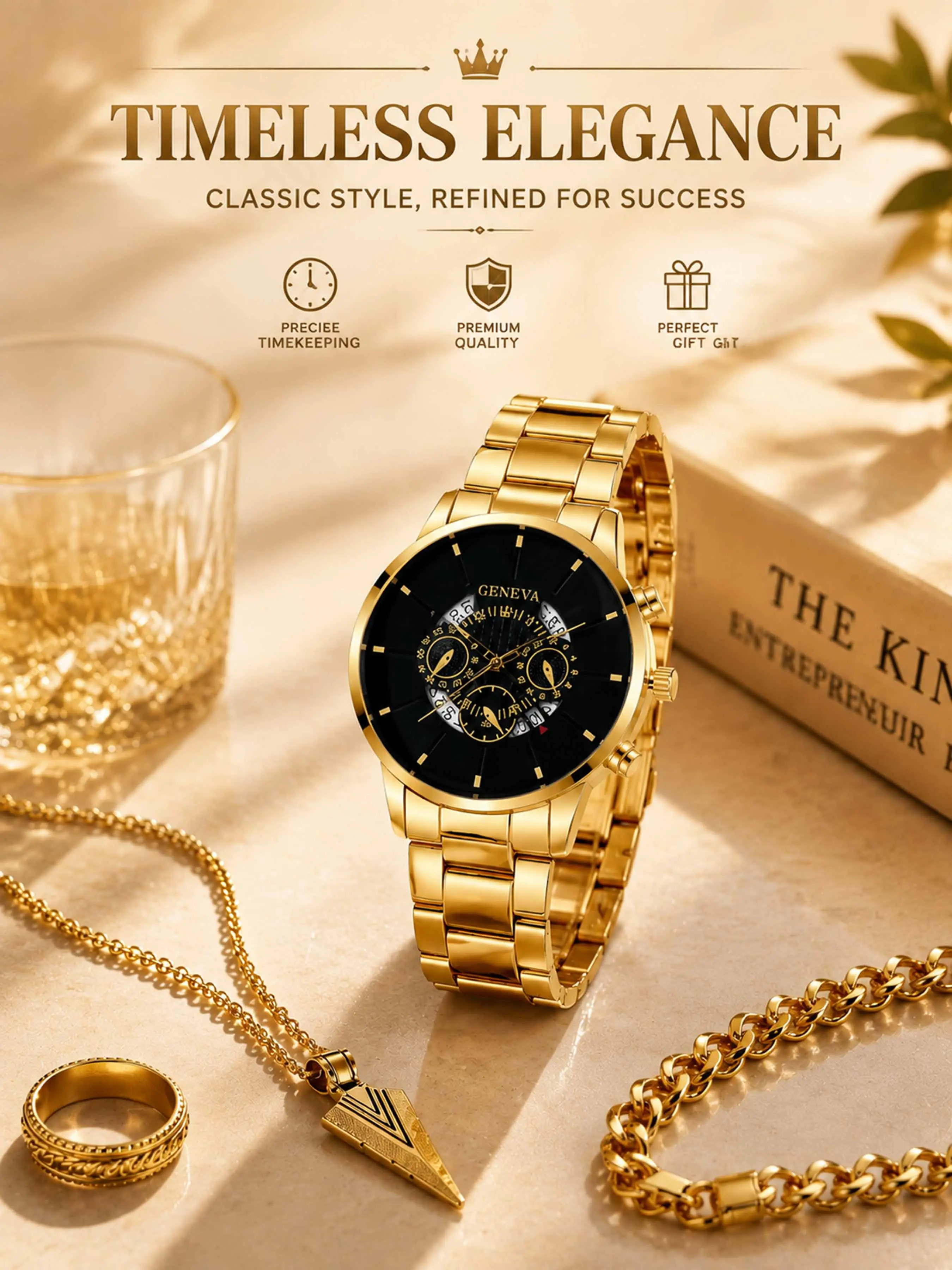 Men's Quartz Watch with Black Round Dial, Stainless Steel Band Business Watch with Minimalist Luxury Look, Men's Fashion Accessory for Travel, Christmas, Birthday, Valentine's & Graduation Gift for Him