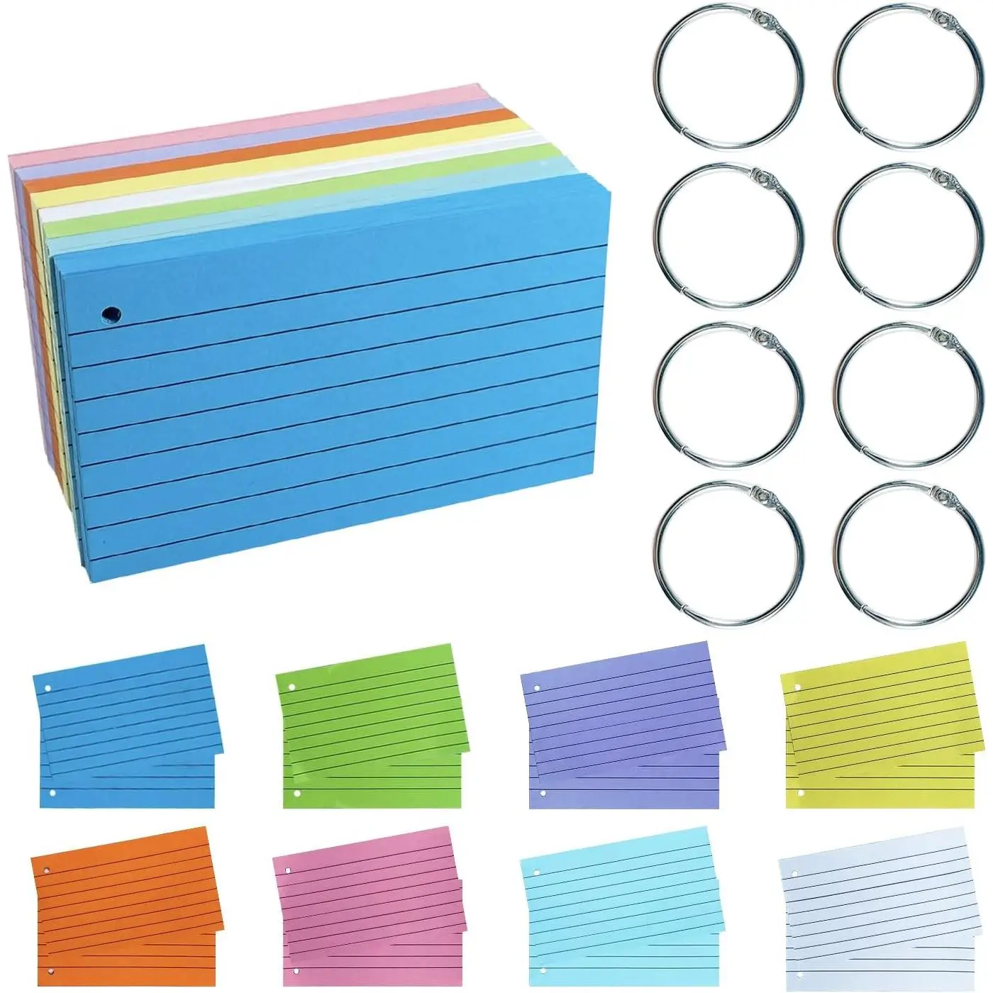 Index Paper Cards 3x5 Inch, 300 count Flash Cards with Rings, Thin Paper 8 Colors Ruled Index Cards,  Lined Colored Flashcards, Study Card Note Cards Memo Pad for Office School