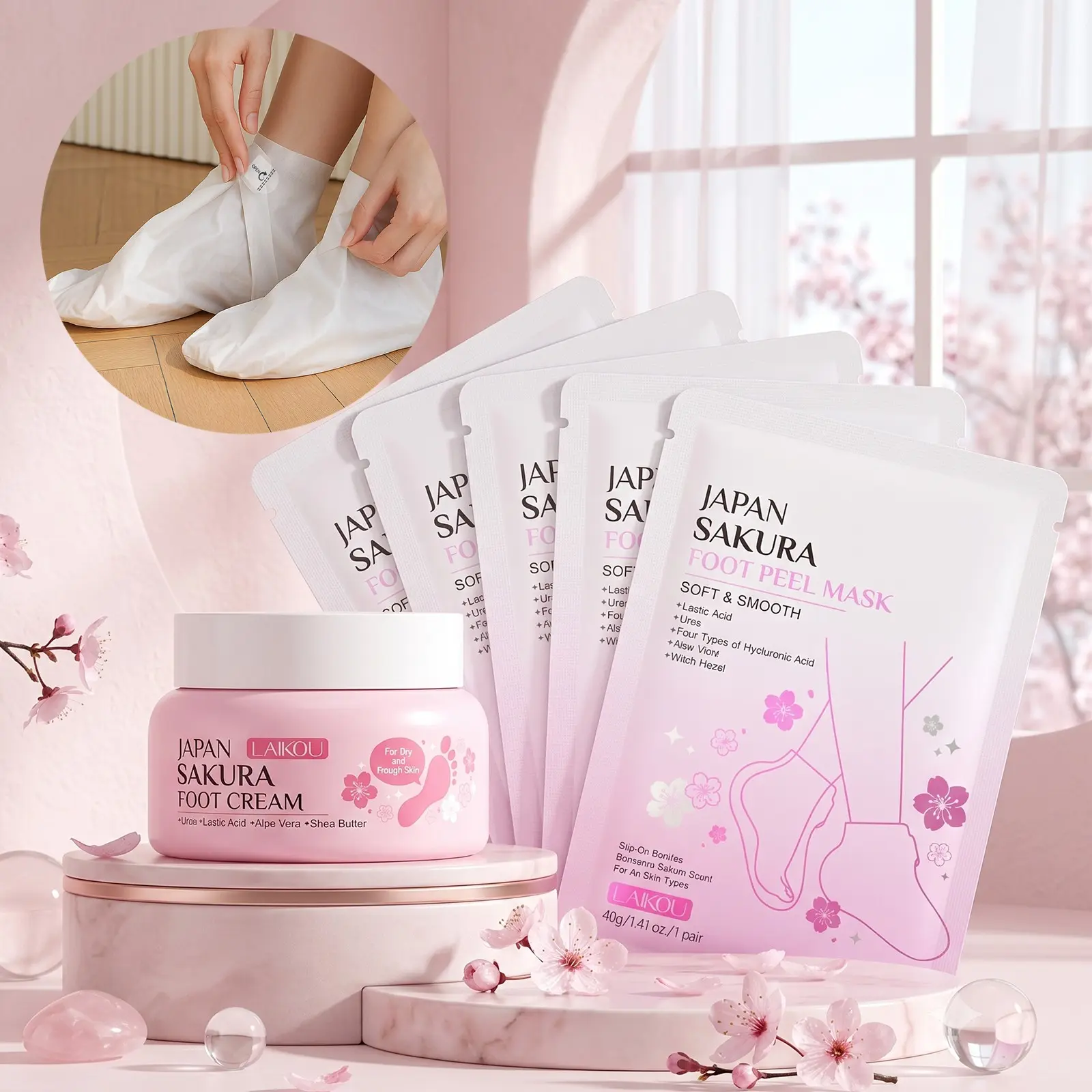 LAIKOU Japan Sakura Intensive Foot Care Kit - 5 Pairs Exfoliating Foot Masks & 60g Moisturizing Foot Cream Set for Dry Cracked Feet, Dead Skin Callus Remover & Deep Nourishing Spa Treatment, Soft Smooth Feet, Feet Peeling Mask