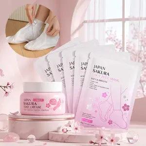 LAIKOU Japan Sakura Foot Care Kit - 5 Pairs Exfoliating Foot Masks & 60g Moisturizing Foot Cream Set for Dry Cracked Feet, Dead Skin Callus Remover & Deep Nourishing Spa Treatment, Soft Smooth Feet