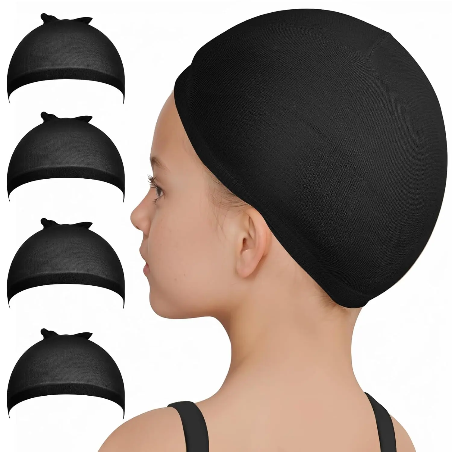 Fandamei Wig Cap, 4PCS Nylon Wig Caps for Kids Black.Stretchy Stocking Caps for Wigs, Natural for Halloween, Cosplay.Small for Child, Baby. hd