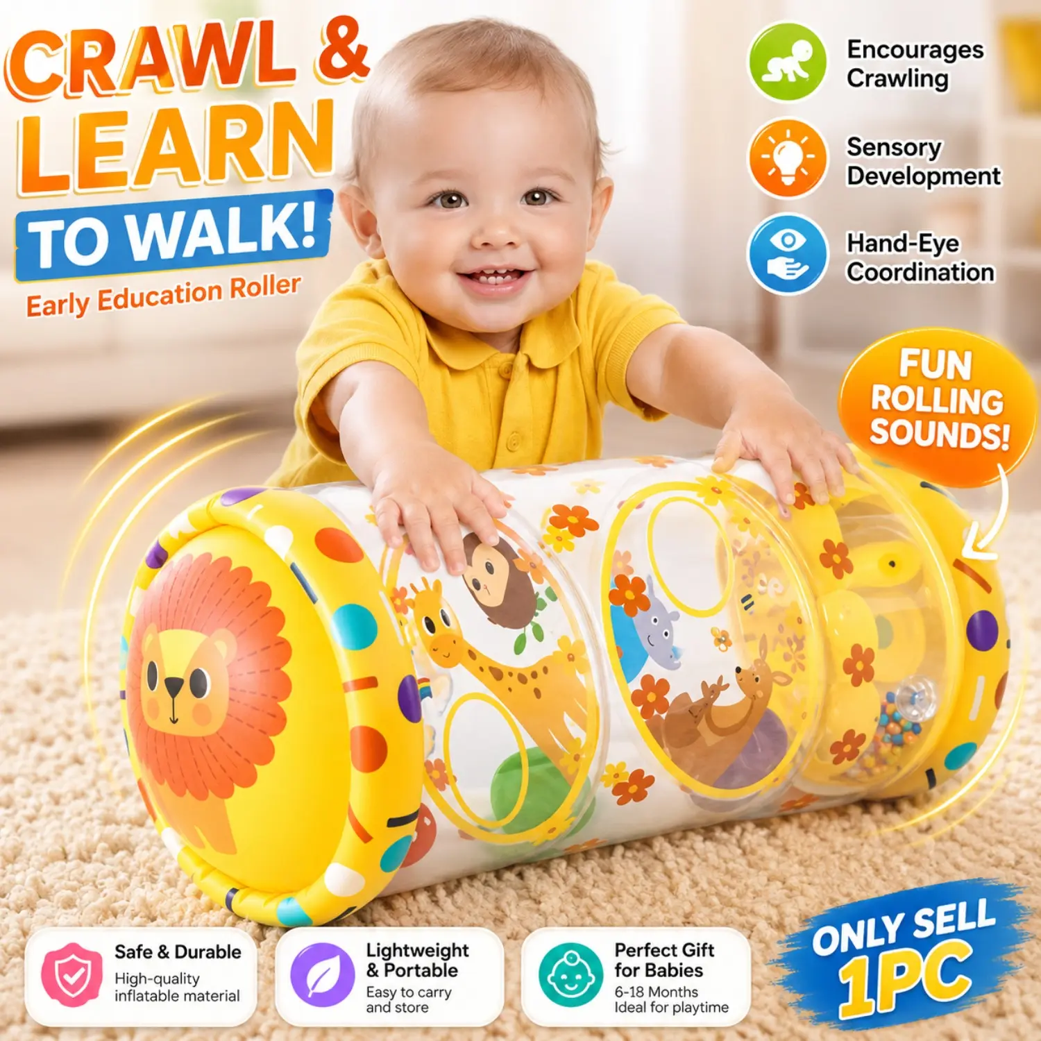 1pc crawling aid teaching tool Indoor Play Equipment with Fun Rolling Sounds, excluding the air pump. Specifically designed for boys and girls to use while learning to crawl on the floor, it is a great early education product.