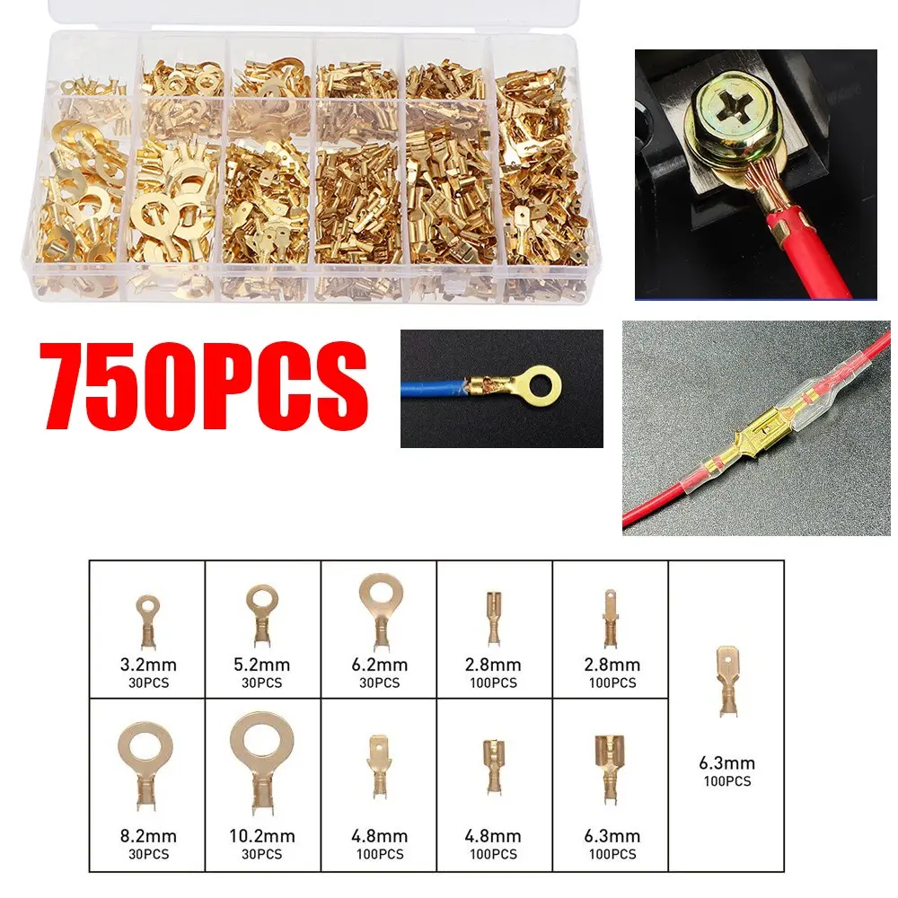 750pcs Boxed Bare Terminals Gold Plug Spring Contacts, Circular Cable Wiring Clips, Connector Terminals Quick Connectors, Durable Reliable Connectors, O-Type Grounding Plates