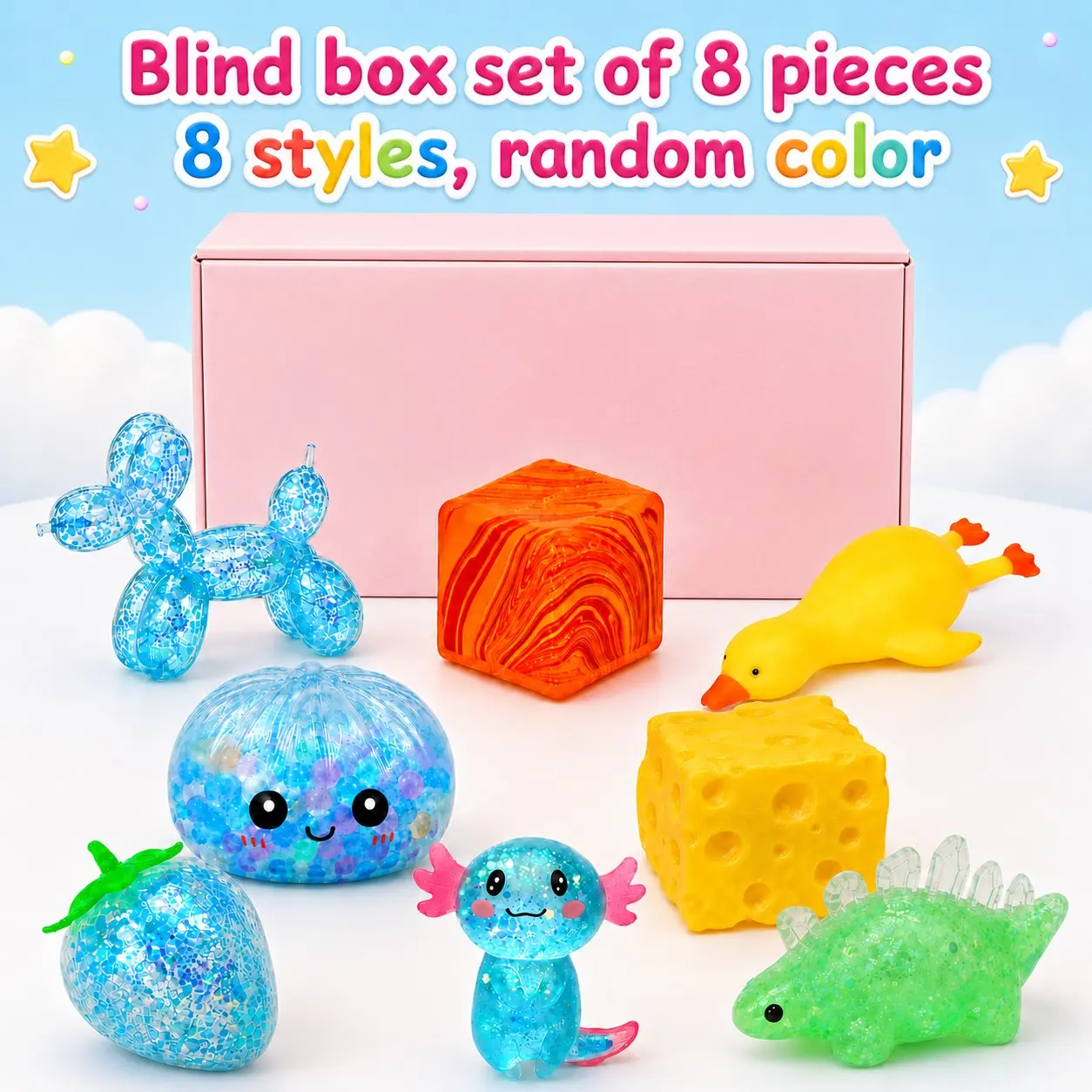 8PCS Viral Squishy Toy Set, Portable Glitter Animal & Food Squeeze Toys with Balloon Dog, Axolotl，Cheese, Dumpling, Strawberry, Goose and Dinosaur, Sensory Fidget Gifts for Teens & Adults