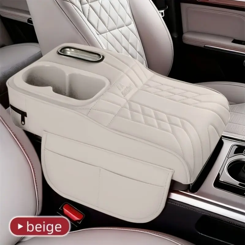 One car center console armrest mat, raised version with tissue box and cup holder, available in multiple colors.