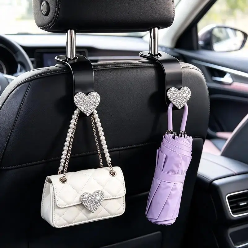 2-Pack Heart Shape Clip-On Rhinestone Car Headrest Hooks, Sparkling Purse Hangers, Decorative Car Interior Storage Accessories