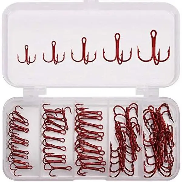 50 count/Box Fishing Treble Hooks, High Carbon Steel Fishing Hooks Kit,  & Round Bend Fishing Treble Hooks for Catfish Lures Baits Bass Fishing Accessories