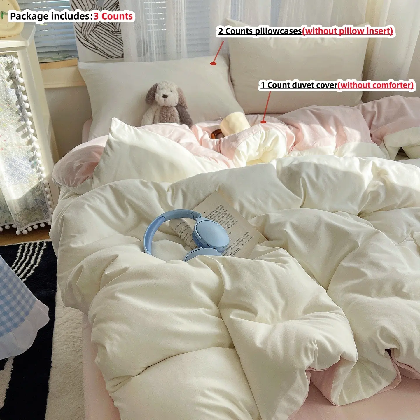 3pcs Light pink Bedding Set, Includes 1 Duvet Cover + 2 Pillowcases,without any filling , 100% Polyester, Single Twin Double Queen king  Size bed, Duvet Cover Sets