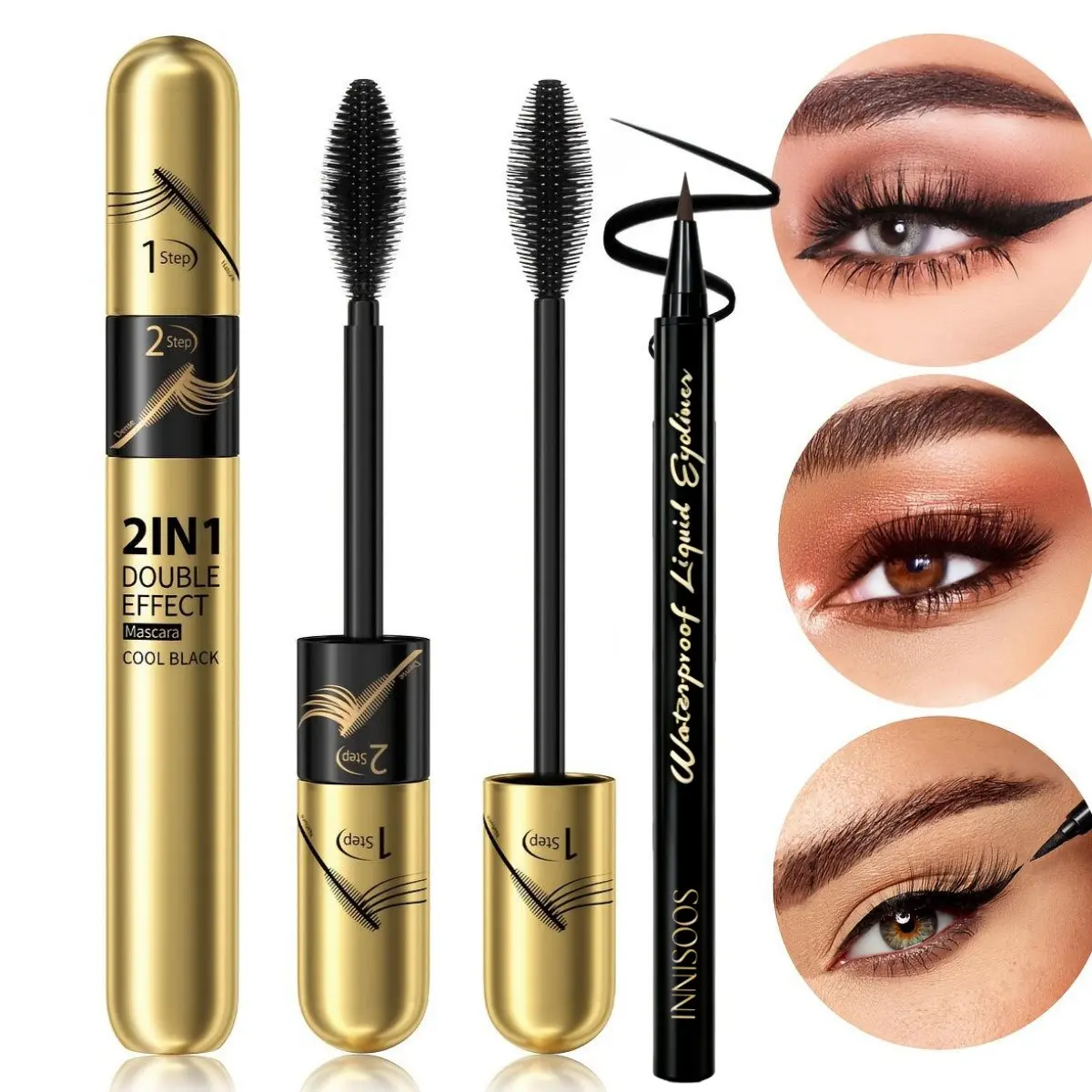 Double Effect Waterproof Dense 4D Mascara + Eyeliner Set, Smudgeproof, Sweatproof, Long-Lasting Eye Makeup, Natural Volume and Curl, Makeup Sets