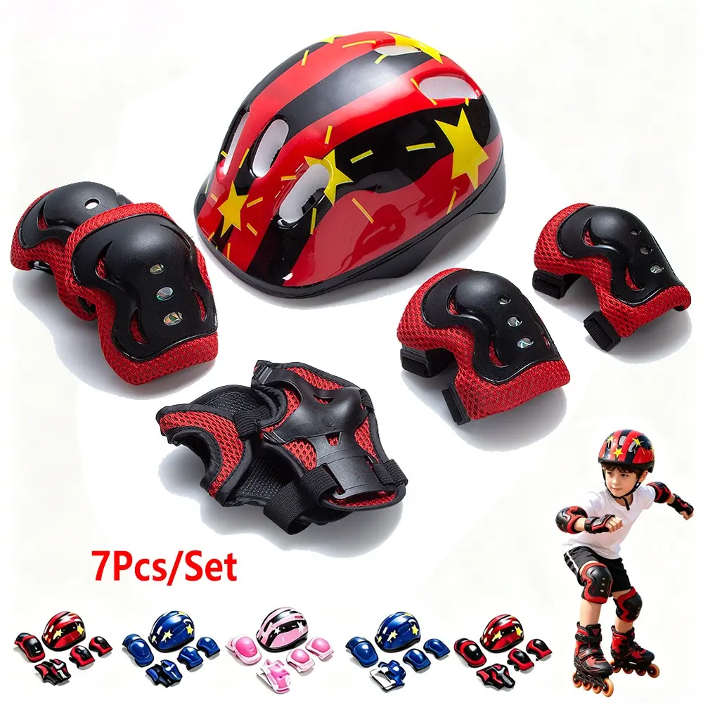 7Pcs/Set Bike Helmet Pad Set Elbow Knee Wrist Brace Protective Gear Sports Gear Set for Roller Skating, Cycling, Scooter Sports, Wrist Support for Outdoor Sports Youth