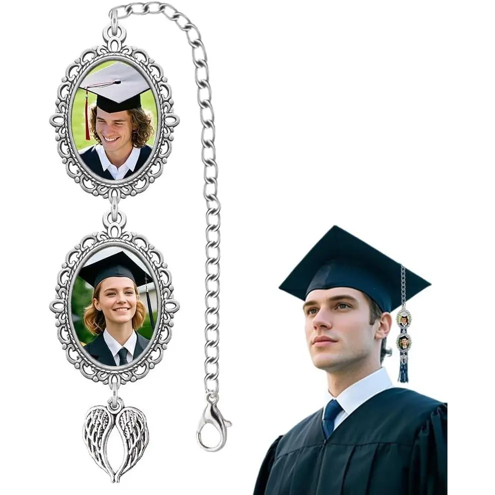 Women's Personalized Grad Tassel Photo Charm with Angel Wings & Memorial Picture, Cap Decoration for Graduation Hats