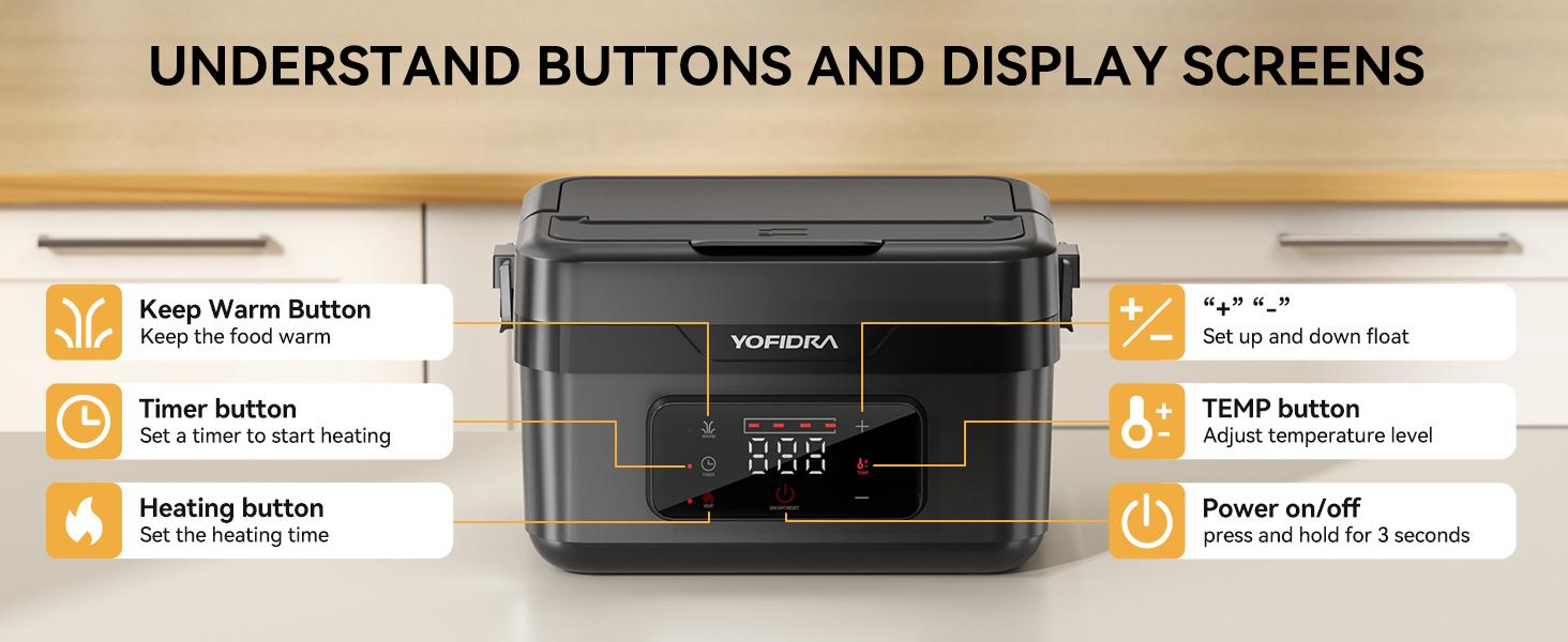 Yofidra Stylish Cordless Portable Electric Heated Lunch Box 1.5L-6 Cups Self-Heating with 10000mAh Battery Timer & Temp Control Food Warmer for Adults Office Outdoor Black Tableware Meal Prep Containers Stainless Steel Bento Square