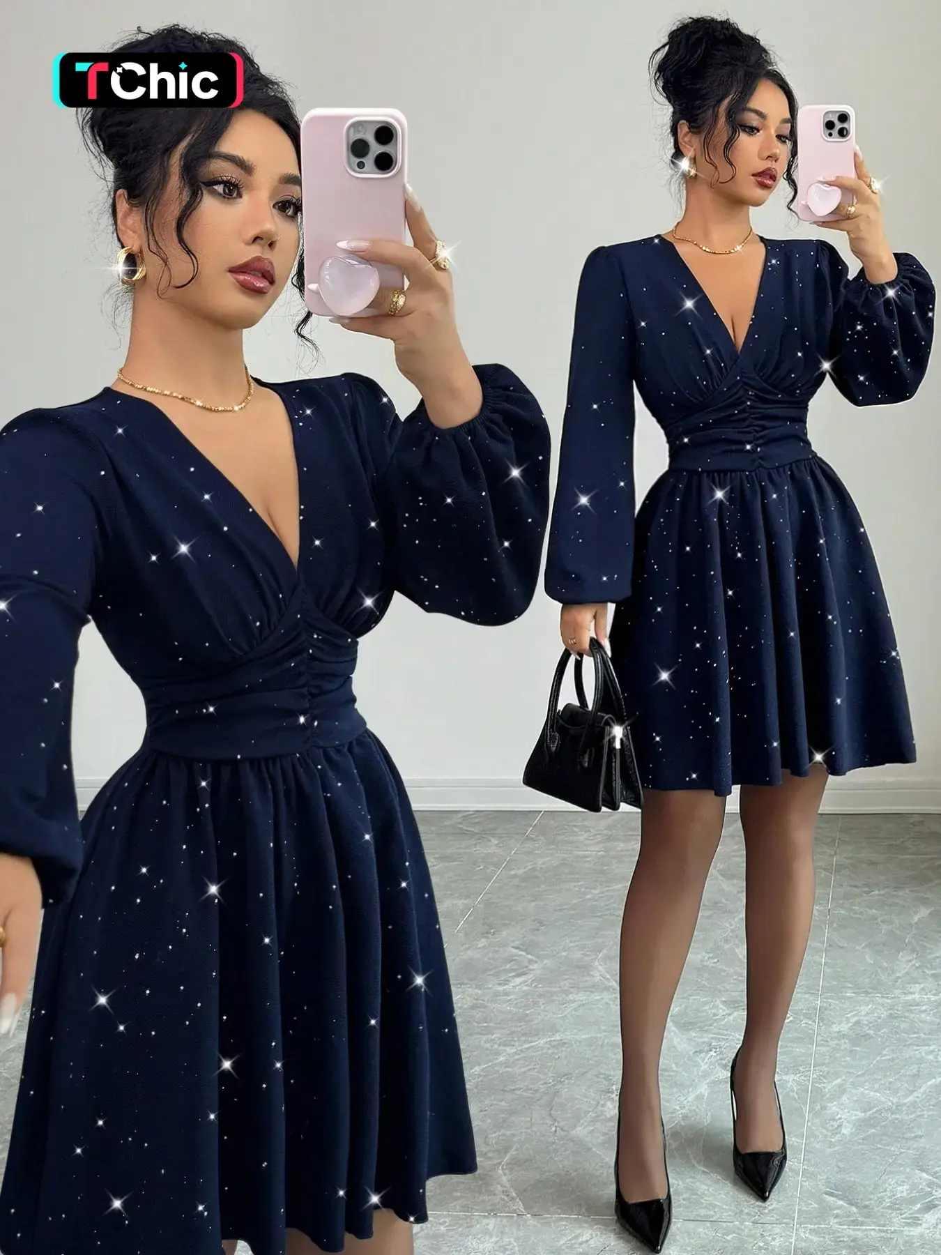 New Women's V Neck Textured Silver Color Fabric A-Line Dress, Fall Winter Casual Party Daily Wear, Slim-Fitting Young Elegant Short Dress, Elegant Evening Wear, Evening Party Dresses