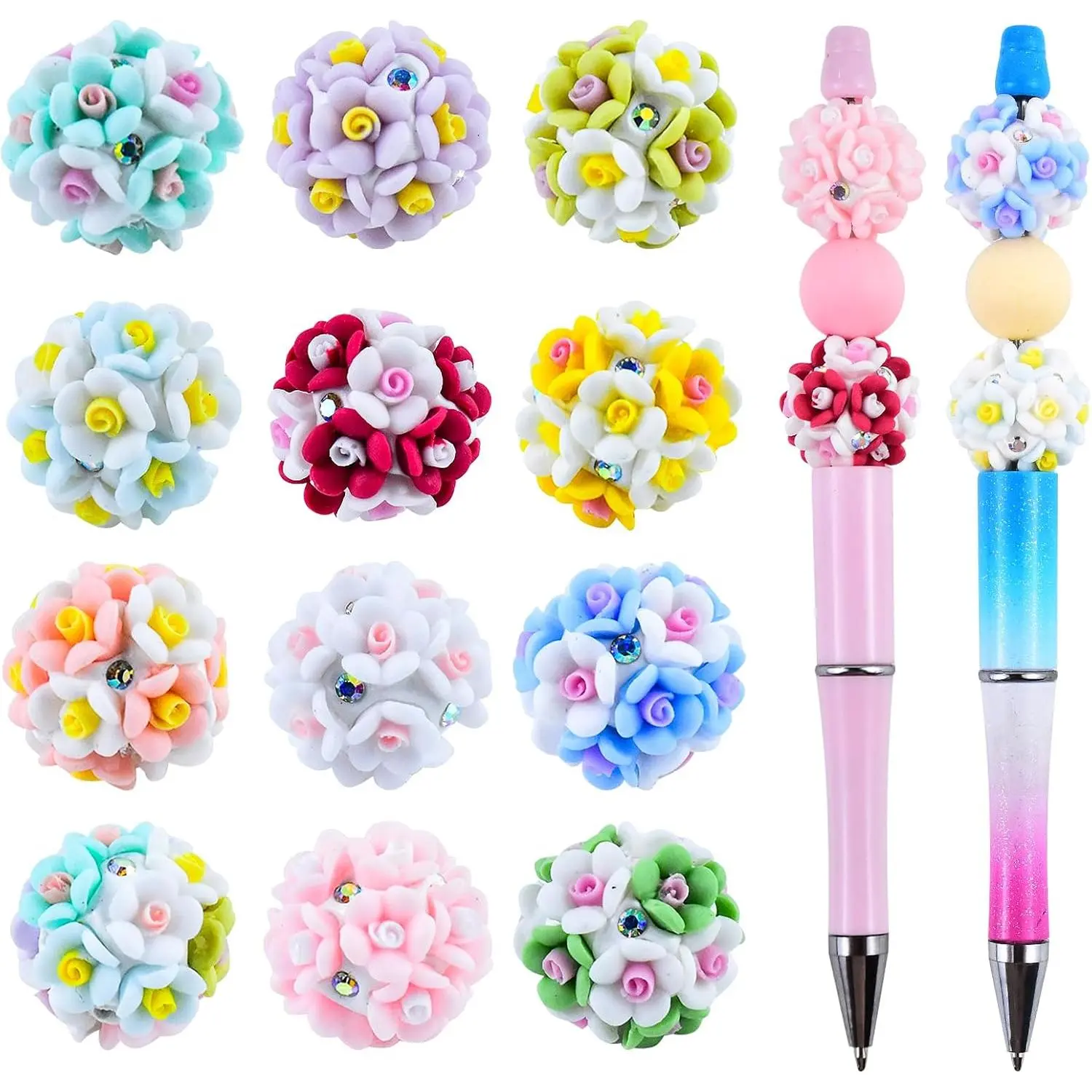 12-Count Night Glowing Flower Ball Focal Beads, Colorful Polymer Clay Space Beads for Pens, Jewelry Crafting & DIY Beading Projects (Bracelet, Necklace, Earrings)