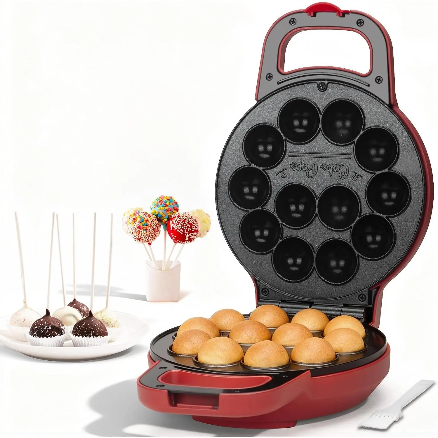 Flip Cake Pop Maker Machine with Ceramic Coating, Makes 12 x 1.4 Inch Cake Pops, Cake Pop Kit for Kids, Snack Maker with Recipe & Brush Included, RedGift