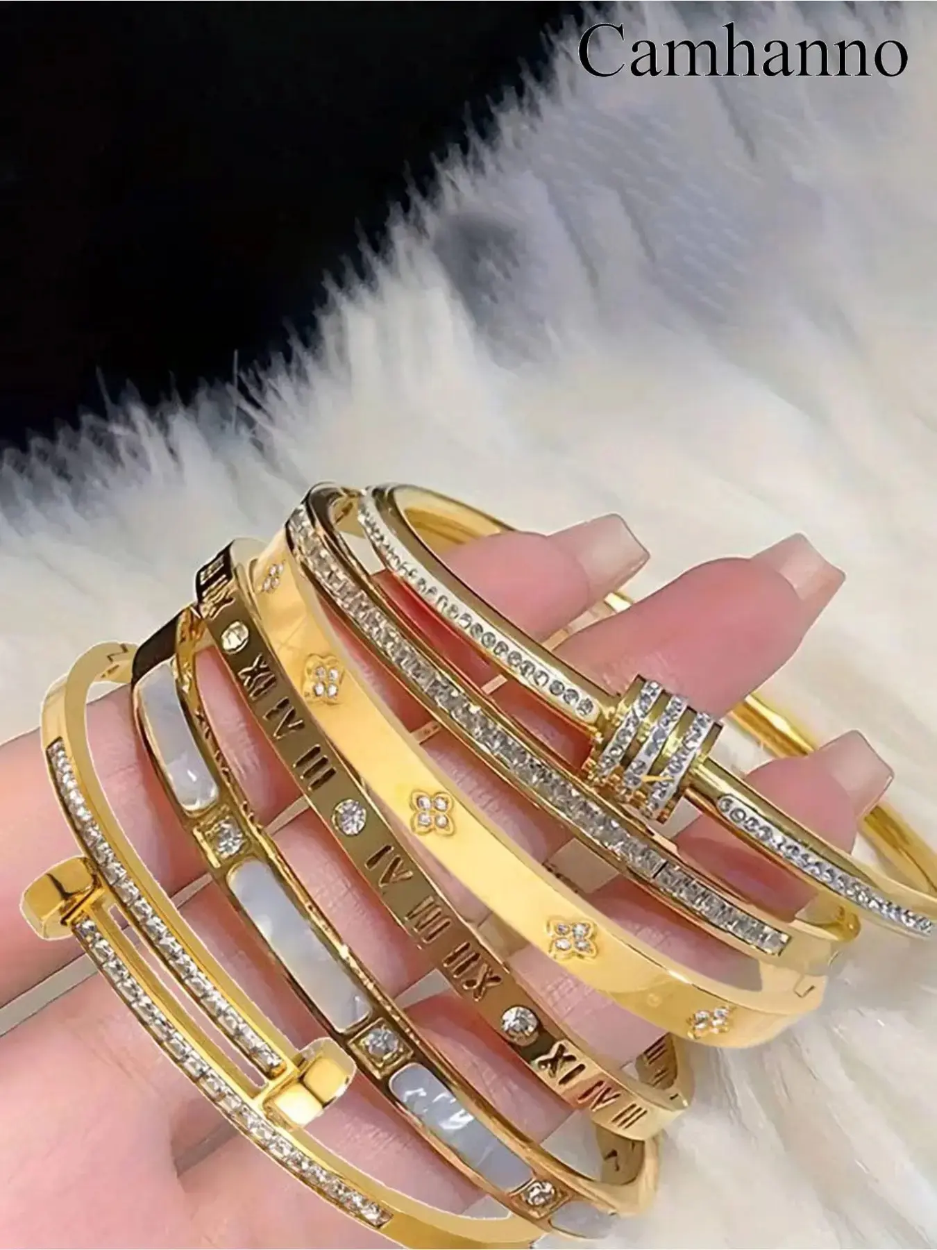 6-Piece French Luxury Bracelet Set, 304 Stainless Steel, Rhinestone Decorated, Trendy Stack Bangle, Perfect Gift for Holidays