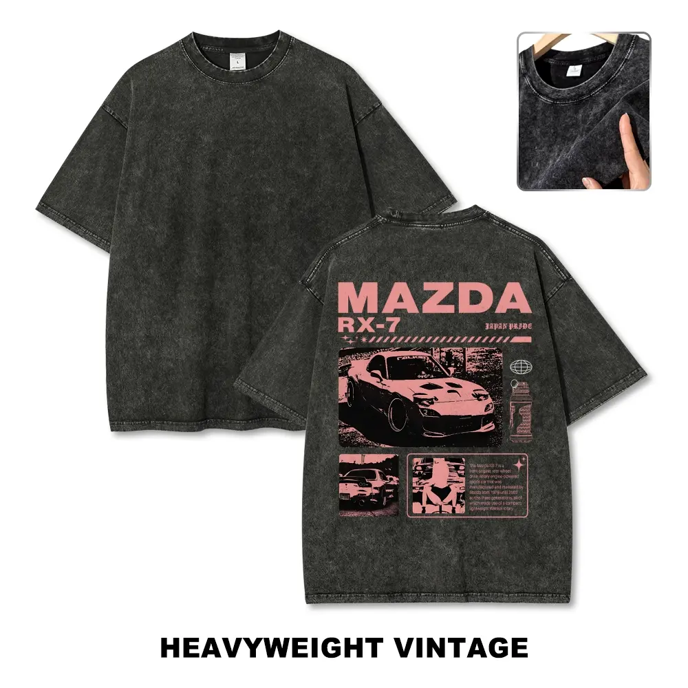 Men's Vintage Washed Cotton Short-Sleeve Oversized Top, JDM RX7 Rotary Drift Car Pink Graphic Heavyweight Tee, Unisex Casual Menswear Streetwear, Shortsleeve, Fabric, Tshirt