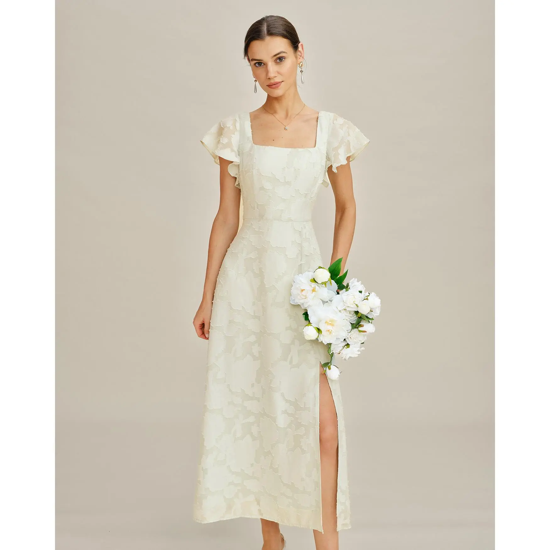Beige Square Neck Jacquard Midi Dress