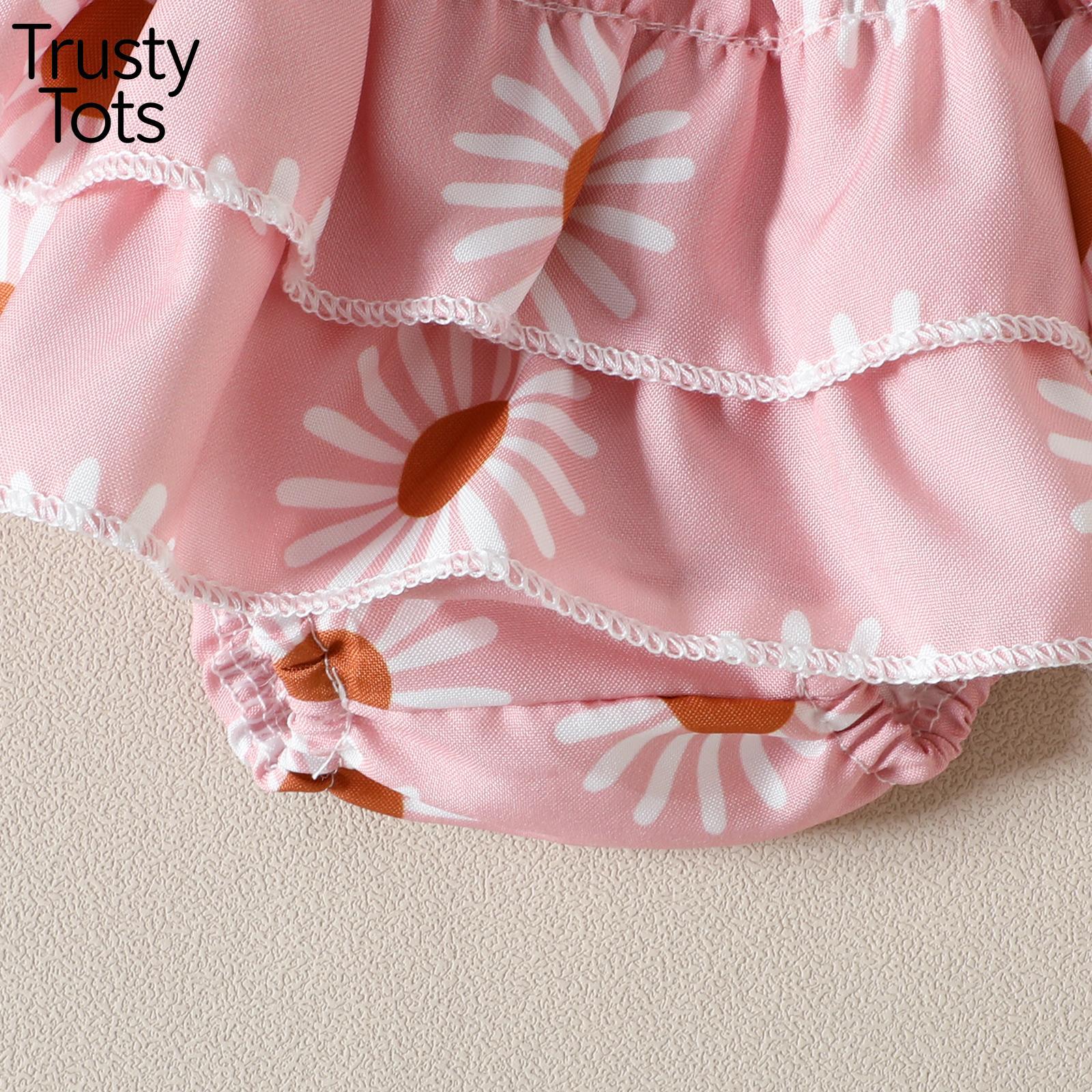 Trusty Tots  Baby Girls Summer Outfit Sets Ruffle Sleeve Ribbed Romper + Floral Culottes + Headband 2026 Summer Lace cod Set New Style Sweet Slim-fit Fashion Vest Lace Children Summer New