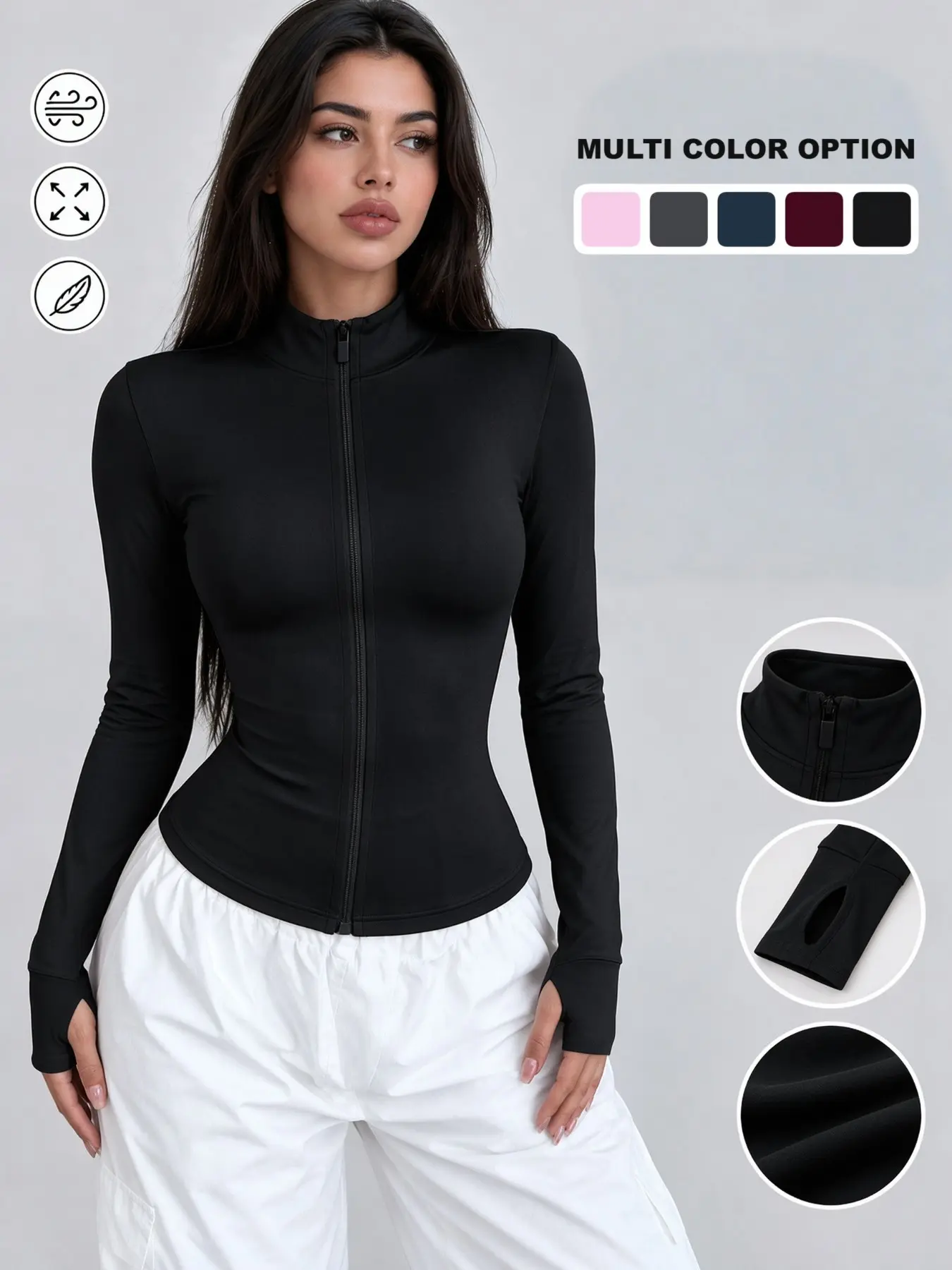 Women’s Long Sleeve Zip Up Athletic Jacket, Mock Neck Thumb Hole Workout Top, Casual Sportswear for Running, Yoga & Daily Wear, Activewear Jacket