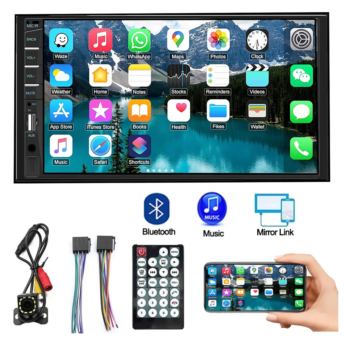 7 Inch Double Din Car Radio HD Touchscreen MP5 Player Car Audio Receivers With Rear View Camera, Mirror Link, Steering Wheel Control, USB/TF/AUX/FM