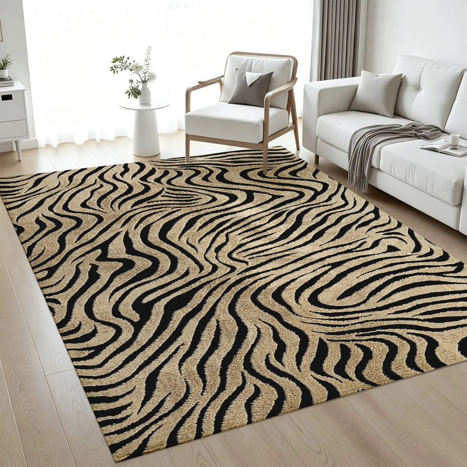 Black and Beige Zebra Stripe Area Rug, Low-Pile Plush Non-Slip Machine Washable Carpet, Bold Modern Animal Print Room Decor for Living Room Bedroom Dining Room Office, Perfect Housewarming & Home Decor Gift