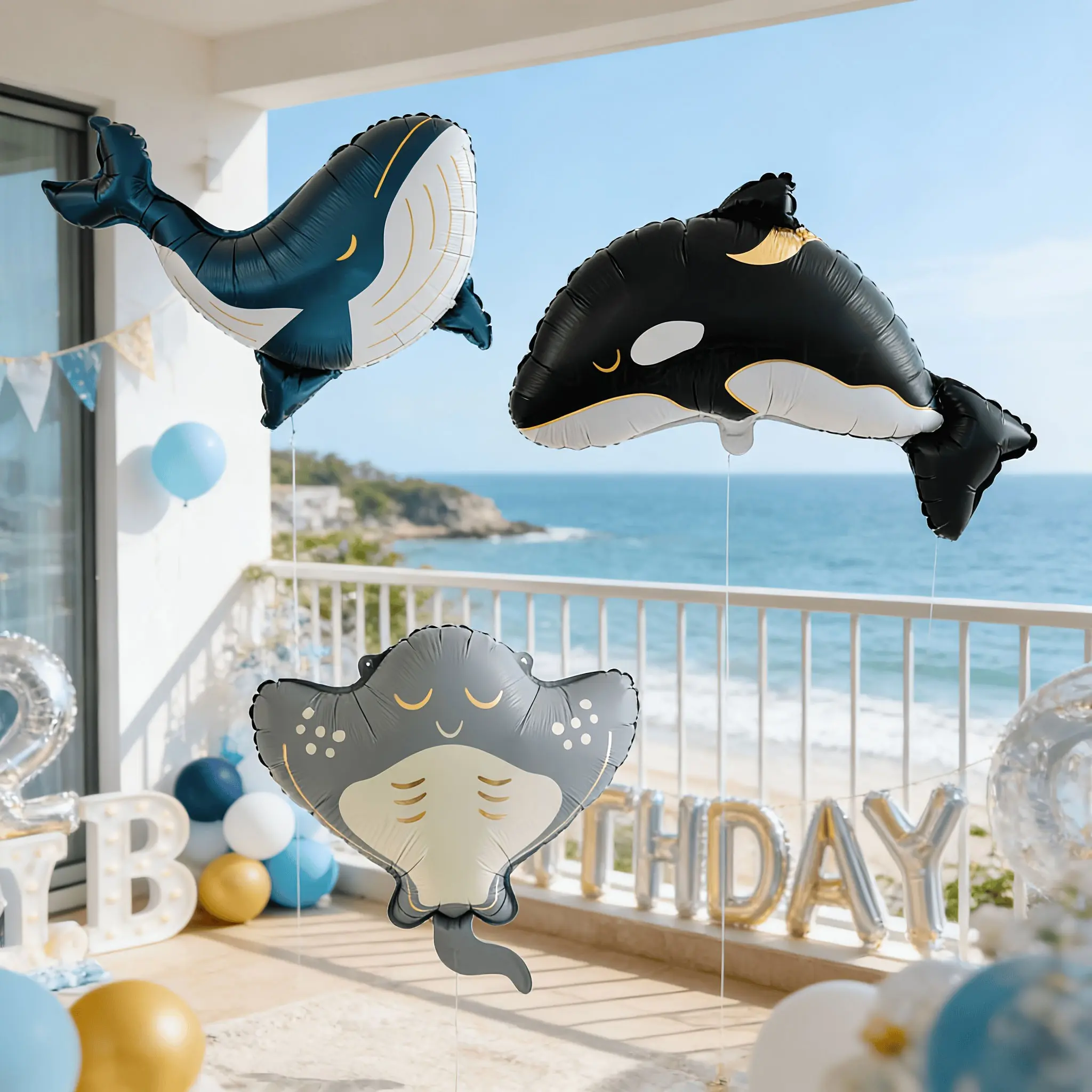 5-Piece Deep-Sea Marine Life Aluminum Foil Balloon Set, Animal Balloons, Matte Orca, Blue Whale, Manta Ray, Ocean-Themed Parties, Beach, Camping, Cruise Ship
